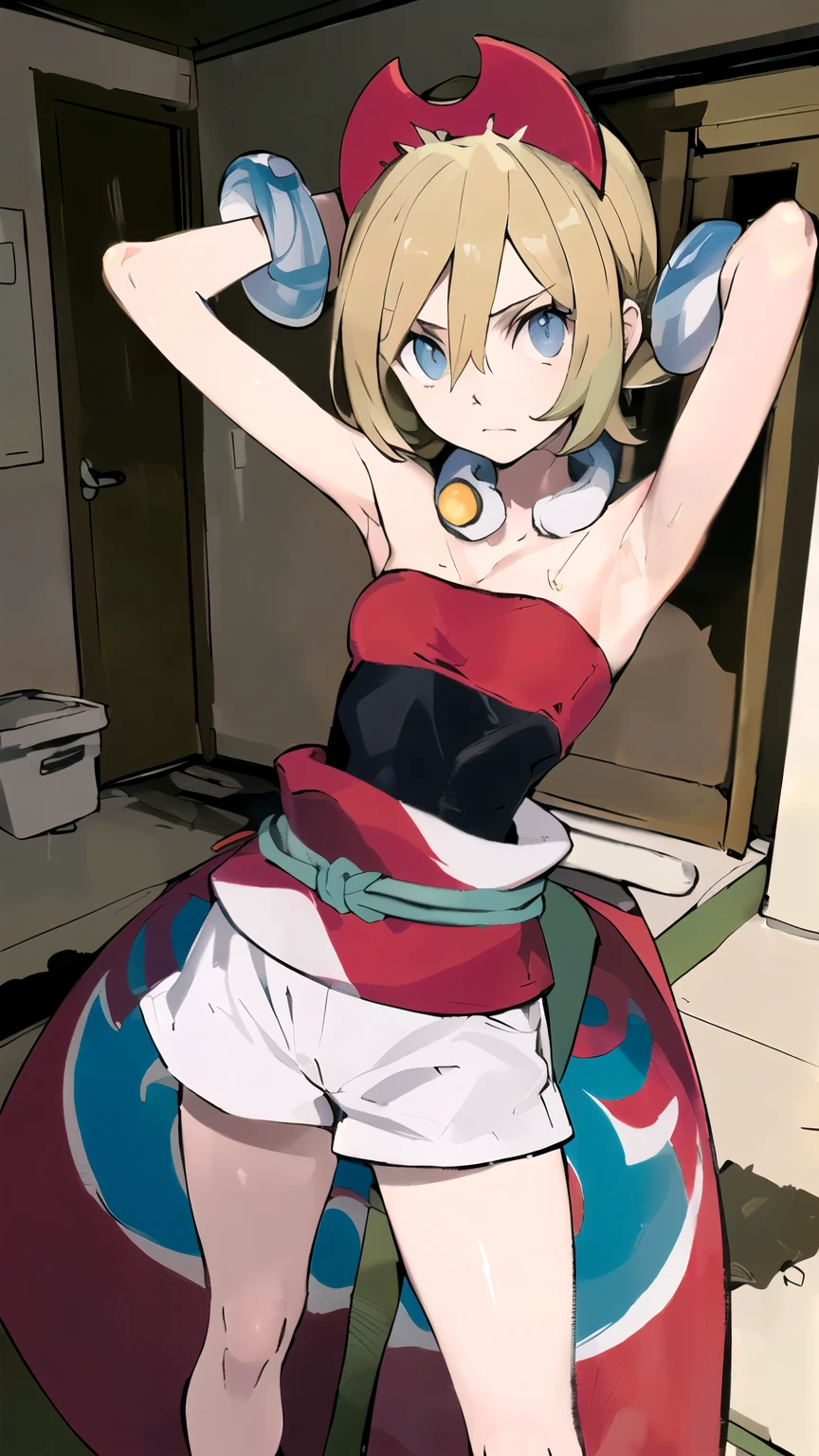 ((masterpiece,best quality)), { Sugimori_Ken_artstyle_LoRA(1.2( : Manga_Style } {horror_edit} {horror_edit : creepy_room_aura} } { :(aairida, short hair, red hairband , perfectly_small shape_breast : perfectly_slender_body } { , neck ring, collar, strapless shirt, red shirt, bracelet, sash, waist cape, white shorts, bare legs } {standing : obedient : arm_behind_head } { no_emotion : hypnotic_eyes : hypnotized_eyes : lazy_eyes} { sweating : armpits } { : dark otaku room : creepy : messy}