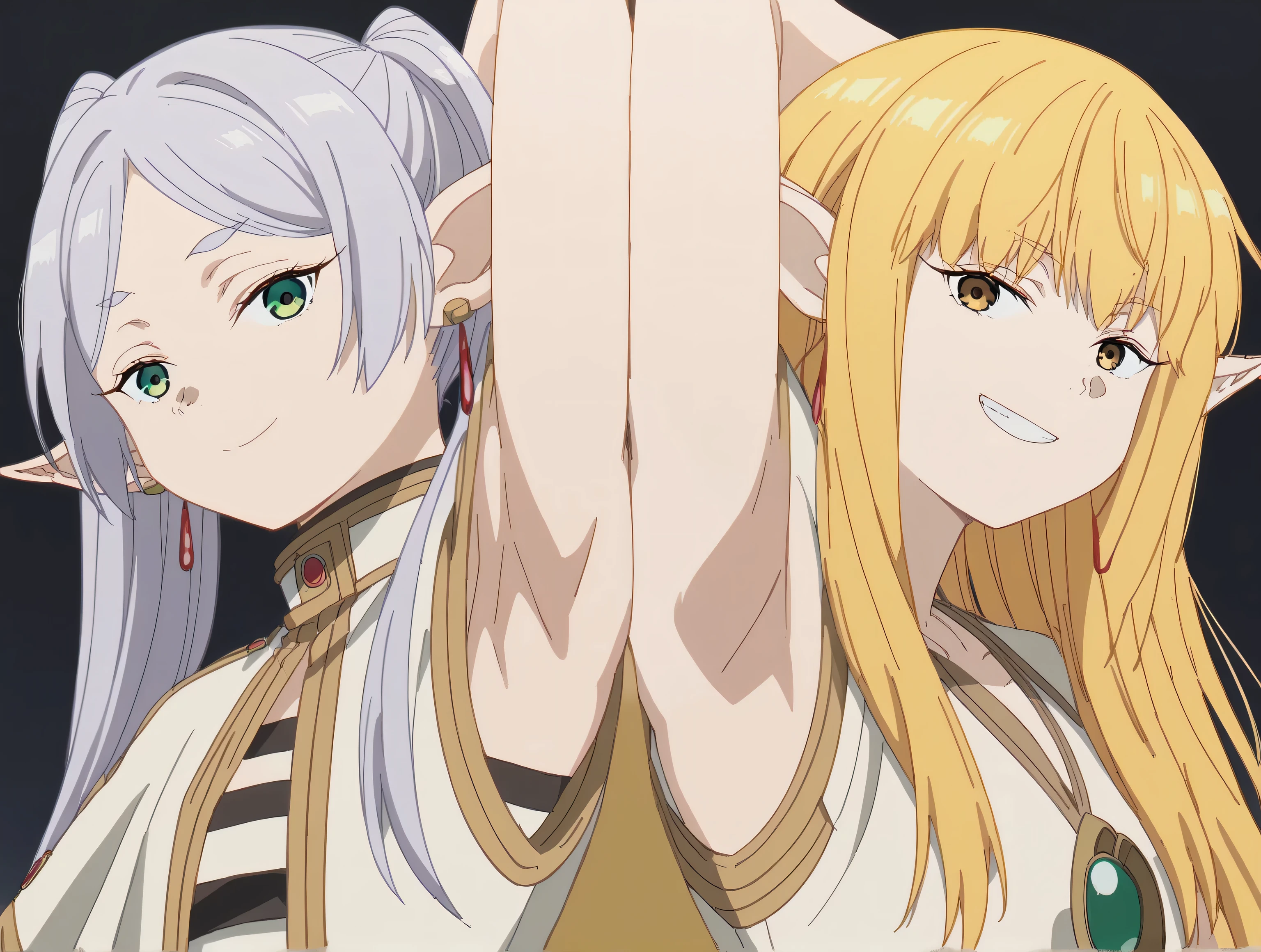 score_9, score_8_up, score_7_up, source_anime, anime screencap, 2girls, BREAK, frieren, long hair, twintails, green eyes, grey hair, pointy ears, elf, small breasts, anime screencap, shirt, jewelry, earrings, striped, capelet, striped shirt, earrings, white capelet, badhandv4, arm behind head, armpit, black background, closed mouth, looking at viewer, smile, sleeveless, bare hands, flat chest, from below, BREAK, serie, long hair, bangs, blonde hair, brown eyes, pointy ears, elf, jewelry, robe, badhandv4, arm behind head, armpit, black background, looking at viewer, smile, smug, grin, teeth, sleeveless, bare hands, from below, bare arms