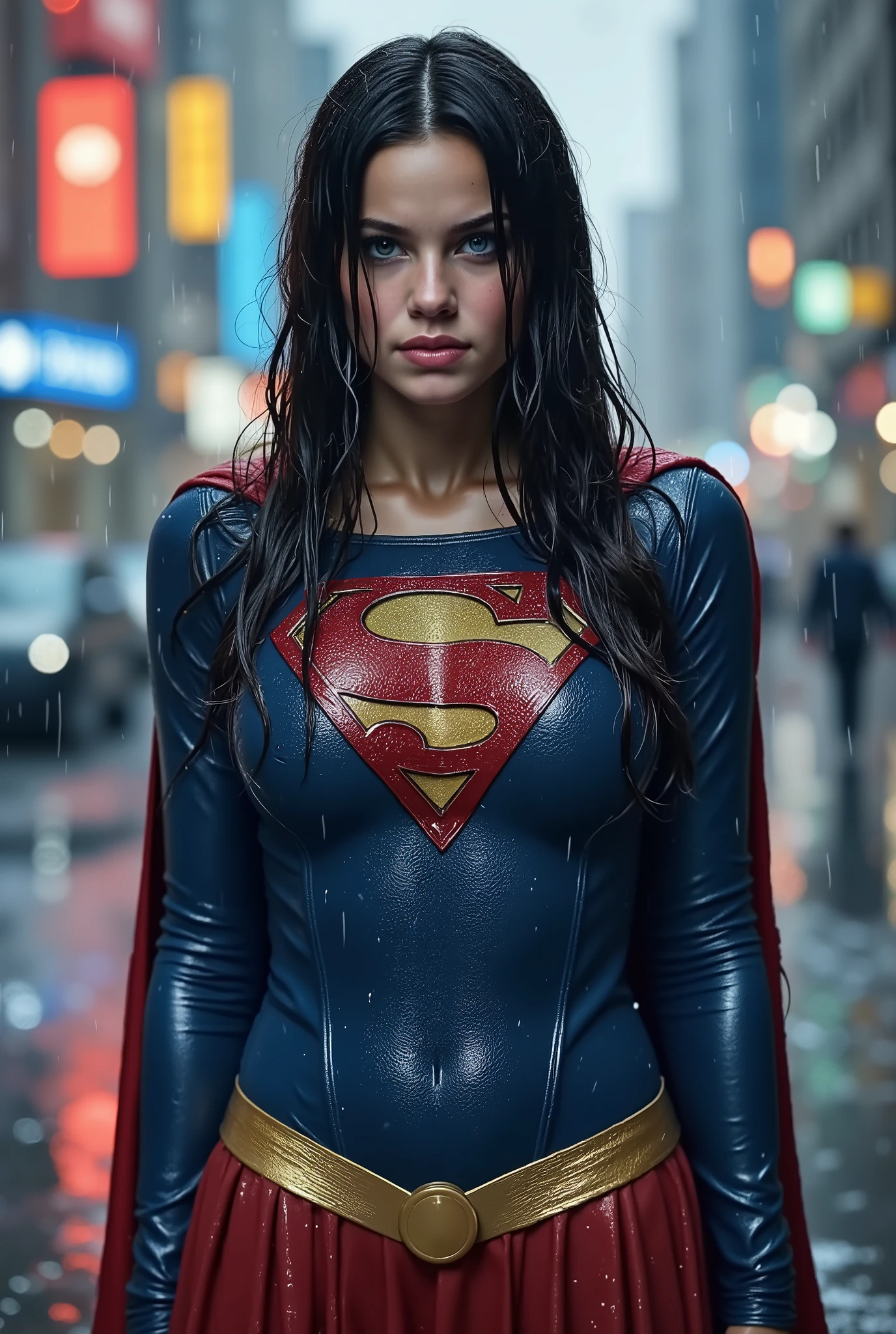 A BLUE EYED, A VERY MATURE YOUNG CUTE, PETITE GIRL WITH LONG BLACK HAIR. WEARING A SUPERGIRL COSTUME AND CAPE. SOAKING WET FROM THE RAIN OUTSIDE WALKING. COMPLETELY SOAKED AND WET.4K, 8K. HAIR, CLOTHES AND CAPE DRENCHED IN RAIN. 4K RAIN, 4K WATER BEADS, 4K HIGH RESOLUTION, SHARP CRYSTAL CLEAR IMAGE, PROUDLY WEARING THE 'S" EMBLEM.