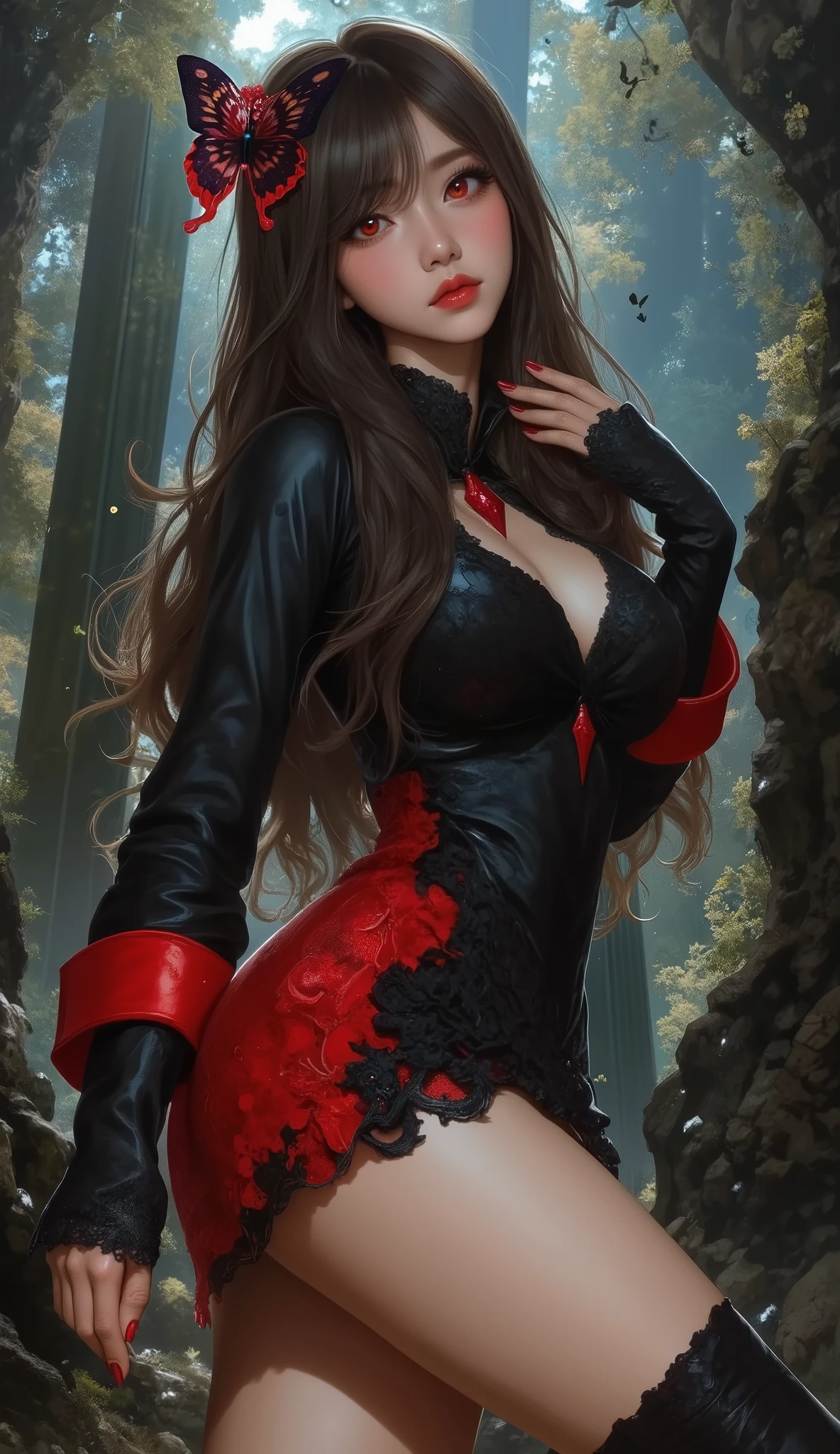    expressionless,,(dark fantasy),((   wonderful illustration  )),(Detail Splash),  (side shot),  long dark hair,   Red Eyes,   girl  , Pure black dress, Collar only, The cuffs and skirt are dark red  ,   The red butterfly hair clip is fixed on the side, Masterpiece, 最  High Quality  ,   High Quality  ,     Headpiece    ,,   red and black crystal necklace  ,    Black Knee High Socks ,((large breasts:1.2), (huge breasts:1.2), (Uplifted and well-defined bust:1.2), (lifted chest:1.2), (perky breasts :1.2),(deep cleavage:1.4), Erect nipples, sexy long legs,