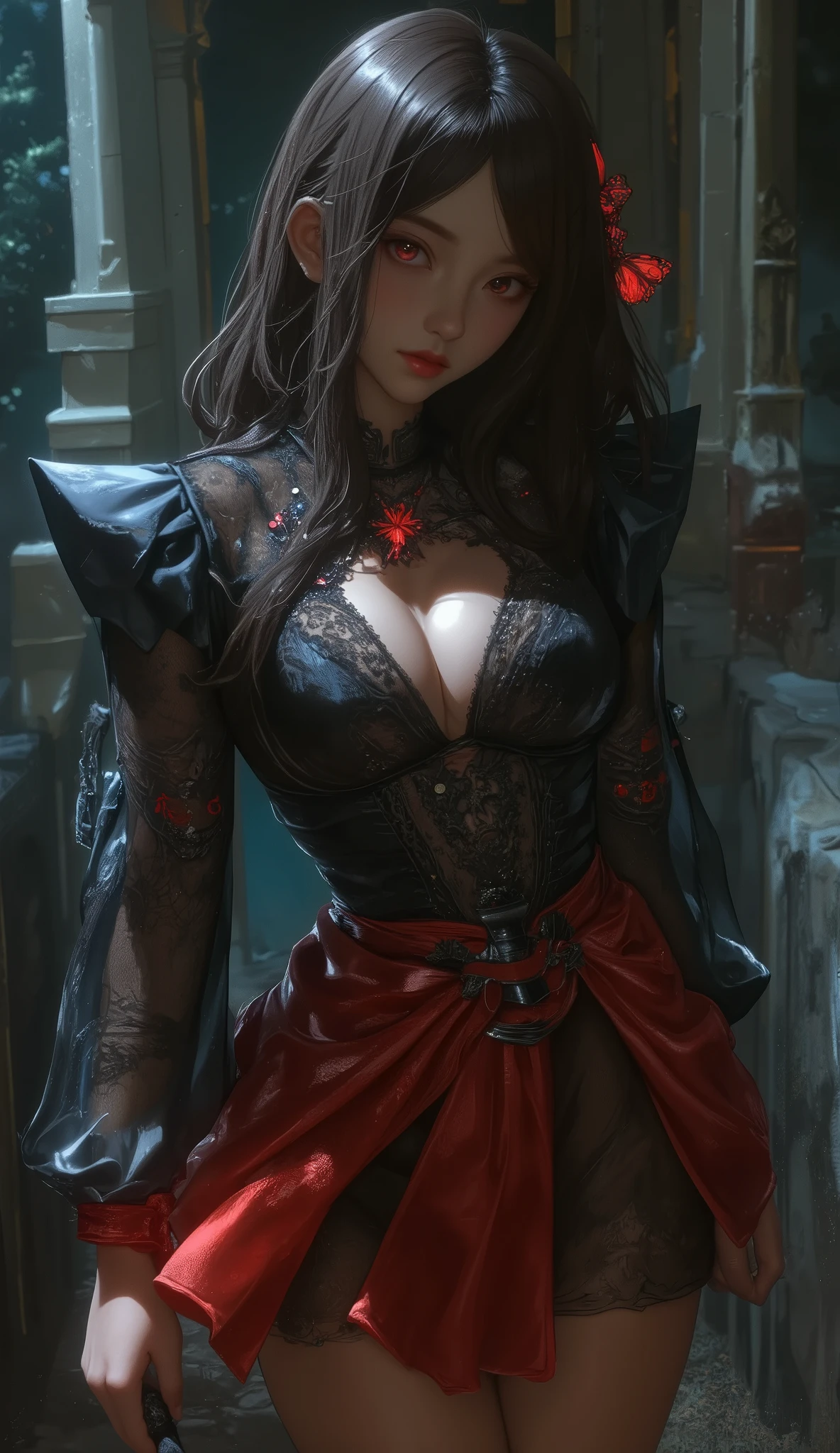expressionless,,(dark fantasy),(( wonderful illustration )),(Detail Splash), (side shot), long dark hair, Red Eyes, girl , Pure black dress, Collar only, The cuffs and skirt are dark red , The red butterfly hair clip is fixed on the side, Masterpiece, 最 High Quality , High Quality , Headpiece ,, red and black crystal necklace , Black Knee High Socks ,((large breasts:1.2), (huge breasts:1.2), (Uplifted and well-defined bust:1.2), (lifted chest:1.2), (perky breasts :1.2),(deep cleavage:1.4), Erect nipples, sexy long legs,