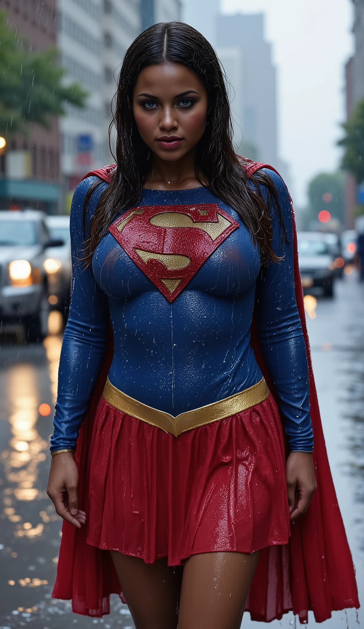 A BLUE EYED, A VERY MATURE YOUNG CUTE, PETITE BLACK AFRICAN GIRL WEARING A SUPERGIRL COSTUME AND CAPE. SOAKING WET FROM THE RAIN OUTSIDE WALKING. COMPLETELY SOAKED AND WET.4K, 8K. HAIR, CLOTHES AND CAPE DRENCHED IN RAIN. 4K RAIN, 4K WATER BEADS, 4K HIGH RESOLUTION, SHARP CRYSTAL CLEAR IMAGE, PROUDLY WEARING THE 'S" EMBLEM.