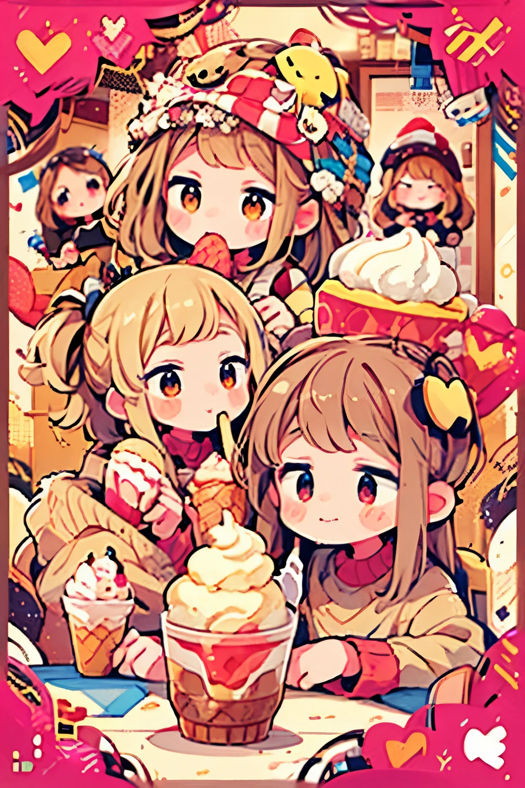 smiling girls next two cups of gelato with strawberries in them, strawberry ice cream, ice cream, eating ice cream, ice cream on the side, eating ice - cream, ice cream cones,