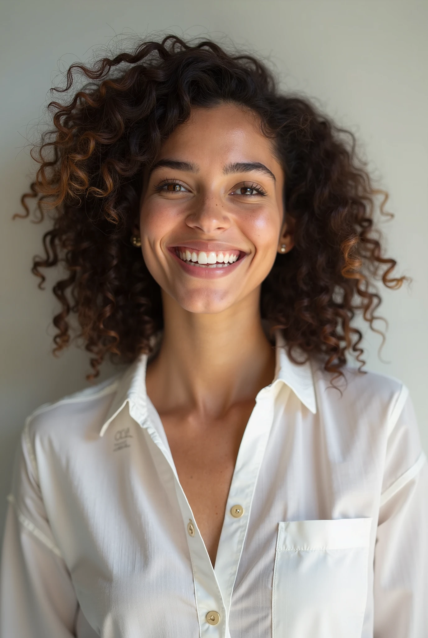 A Brazilian woman in a typical Brazilian room, wearing a white open shirt, with a close-up capturing the harmonious beauty between her breasts and the natural flowers, showing off your natural charm and outgoing personality 