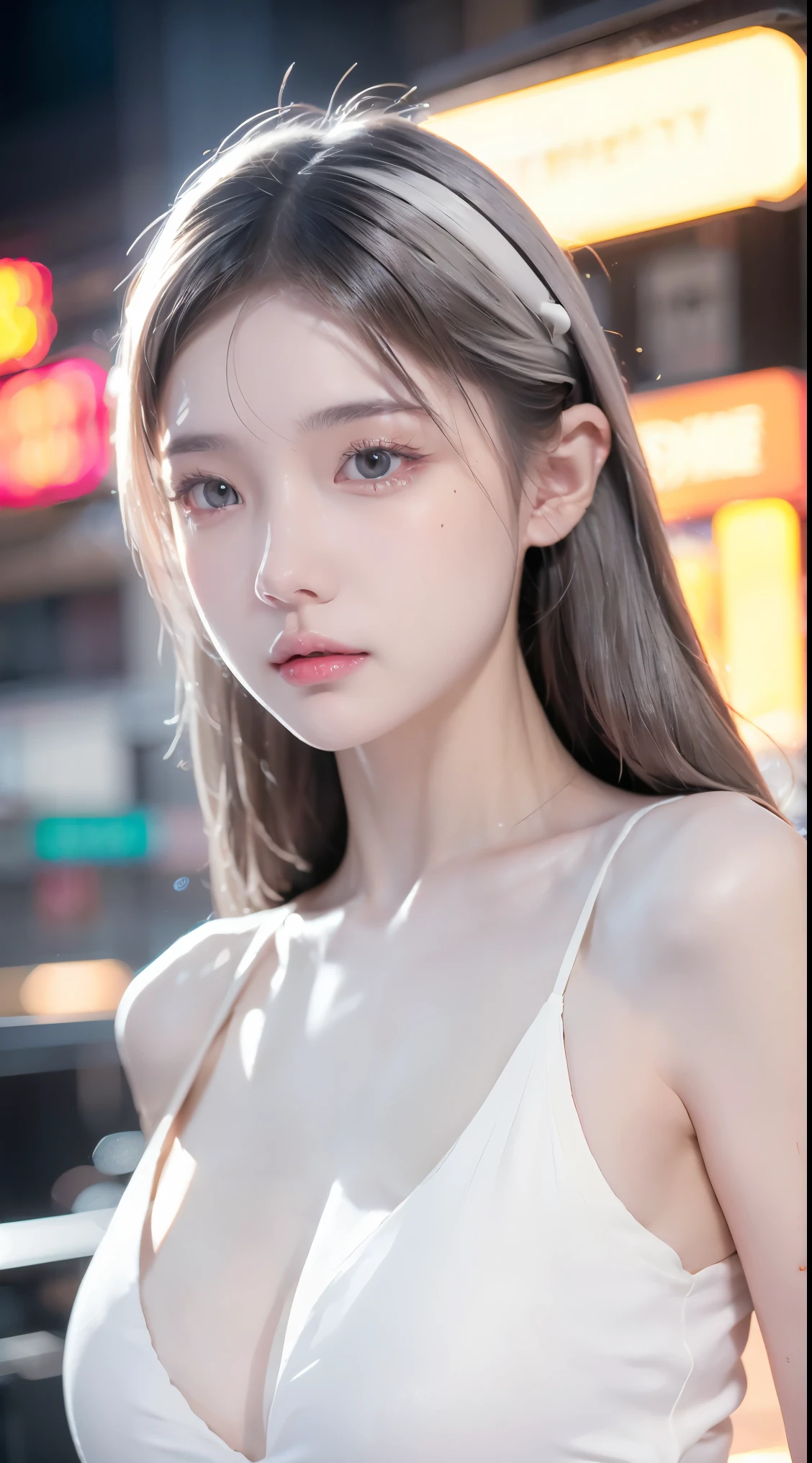 A woman with insightful gray eyes, long flowing white hair, porcelain white face, soft and shiny skin, wearing a futurist neon light suit, intricate and detailed, cinematic lighting, photorealistic, 8k, highly detailed, masterpiece