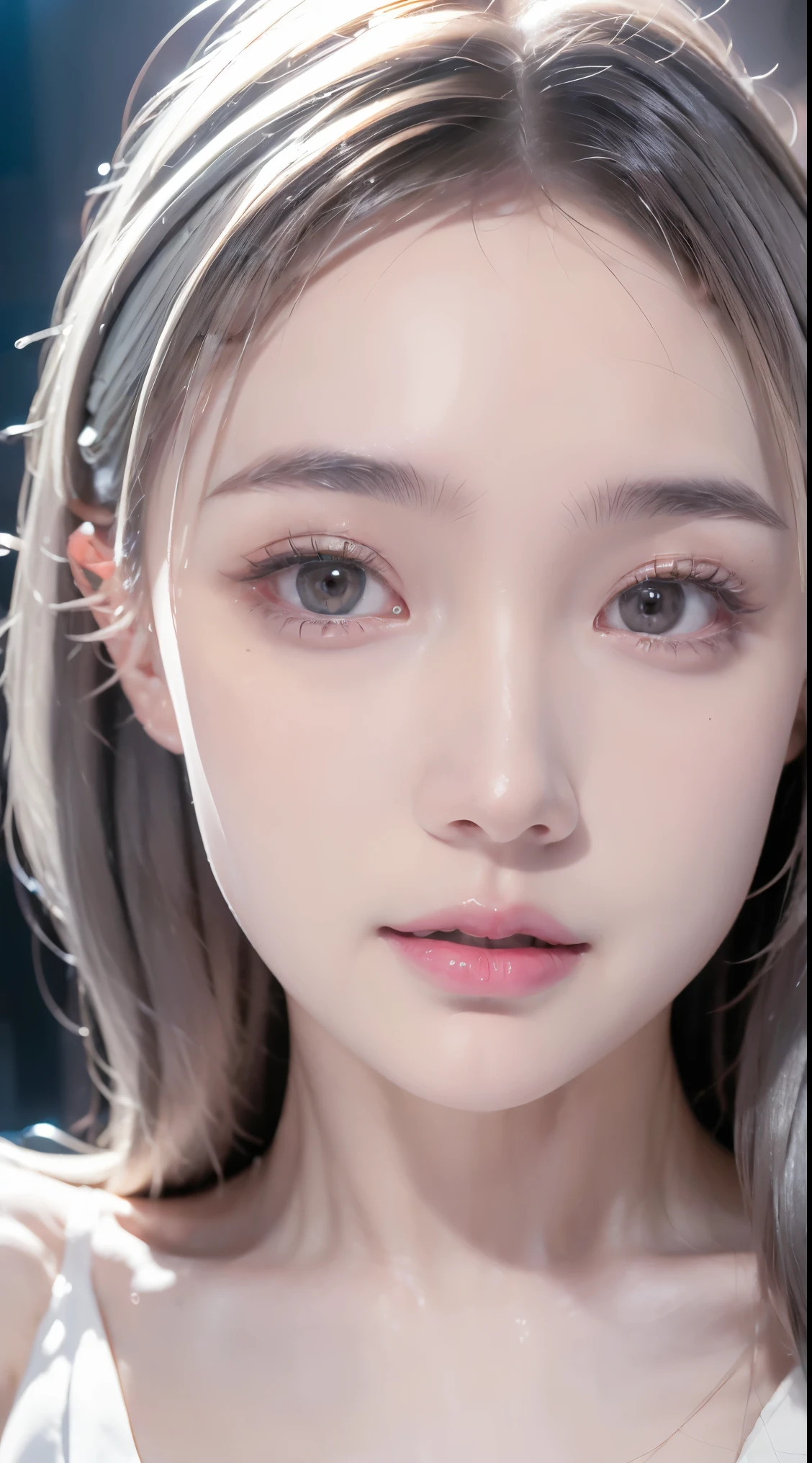 A woman with insightful gray eyes, long flowing white hair, porcelain white face, soft and shiny skin, wearing a futurist neon light suit, intricate and detailed, cinematic lighting, photorealistic, 8k, highly detailed, masterpiece
