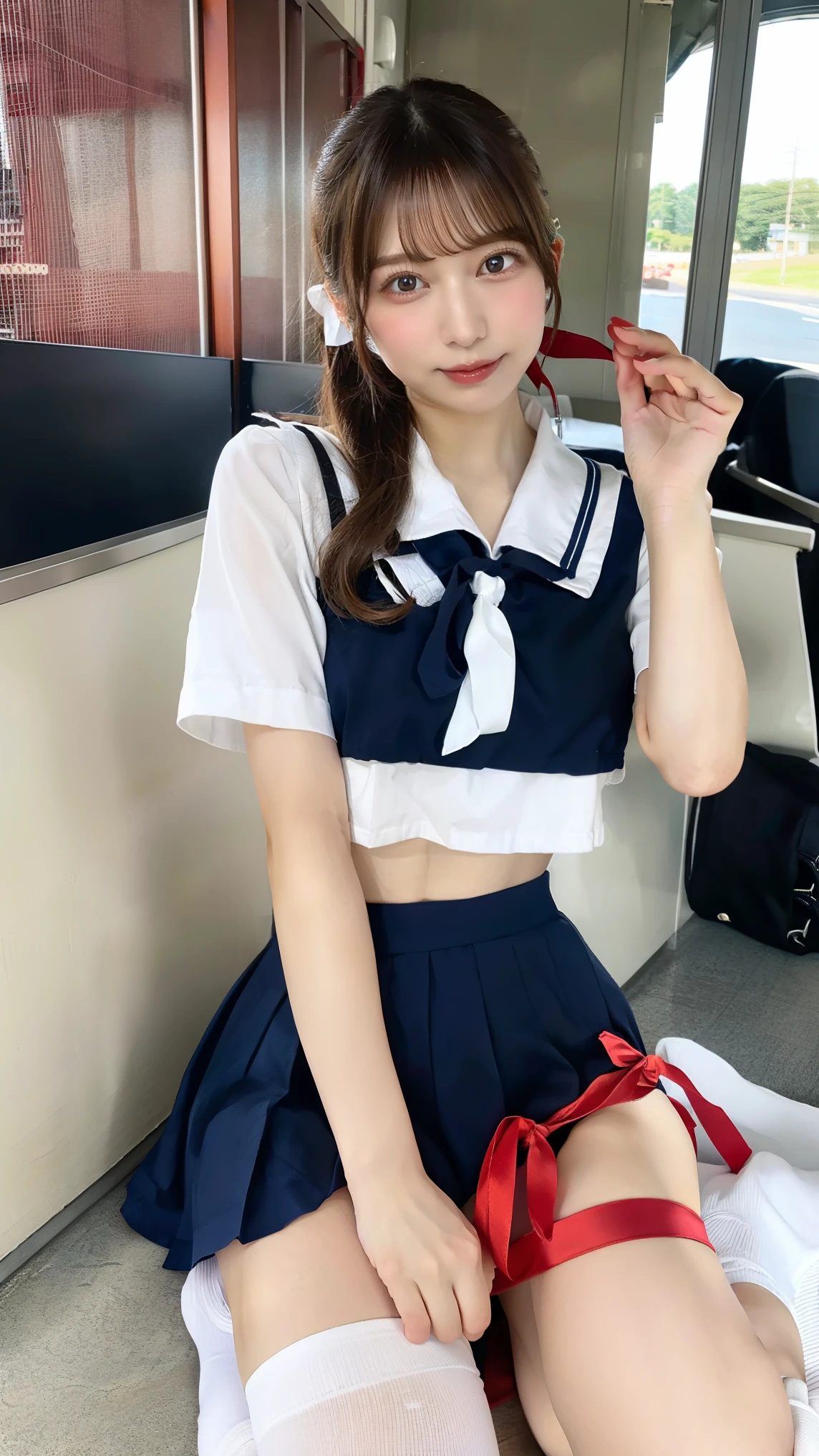 top-quality,ultra - detailed,tmasterpiece,hentail realism,photoreali,Bright lighting,1 girl in, an extremely beautiful 17-year-old girl, (kawaii:1.2),thin smile, (Brown eyes),(A brown-haired),(By bangs),perfect glossy shiny skins,Flawless skin,((erotick,Sexy and sexually explicit)),((Precise pointers，There is no incongruity)), Large full breasts,Big breasts Thin waist, looki at viewer,((a sailor suit)),((Short sleeve uniform white shirt)),(red necktie),(Blue mini pleated skirt),(((skirt lift by yourself))),(lifted by self),(showing panties),panties on,panty focus,((Sit up,spread their legs)), sockes, (Black Knee Socks),(Loafer shoes), In the daytime,On the train,Horizontal bench seat，Turn your back to the window