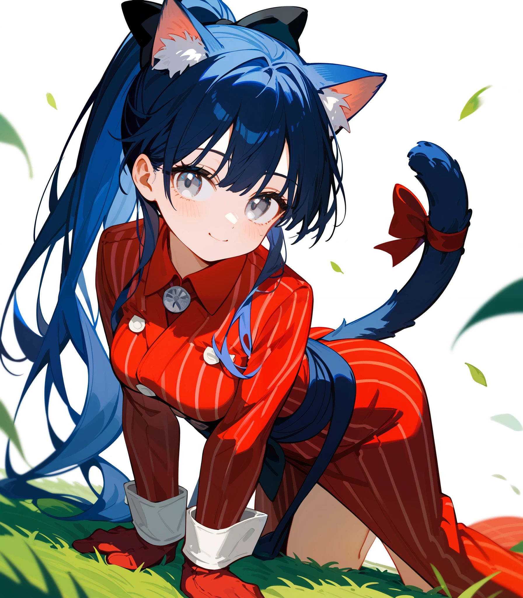 girl, black hair, in white eyes ,girlหูแมว,Long hair,detective, cute,Has cat ears, has a tail ,Put on grass gloves , white background , blue hair, a red-black yukata , medium breasts ,Low ponytail