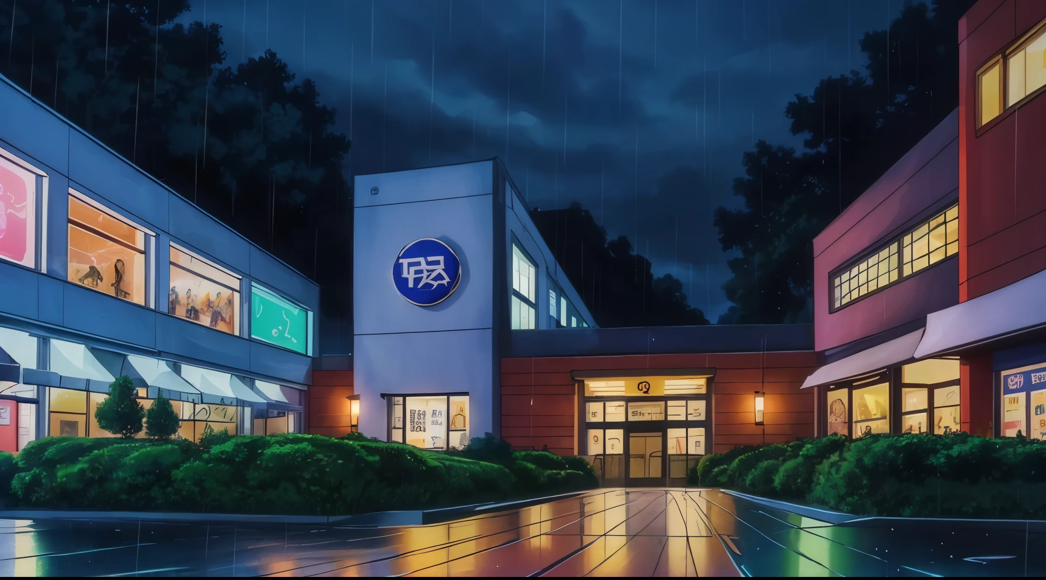 (Rain) (Raindrops) (Nightime)
(80’s Anime) (Classic) (Vintage) (Retro)
1980’s Japanese City of several buildings built in a modern contemperary architecture.
There is a very large Shopping Mall and Center
(View from the entrance of the Shopping Mall)