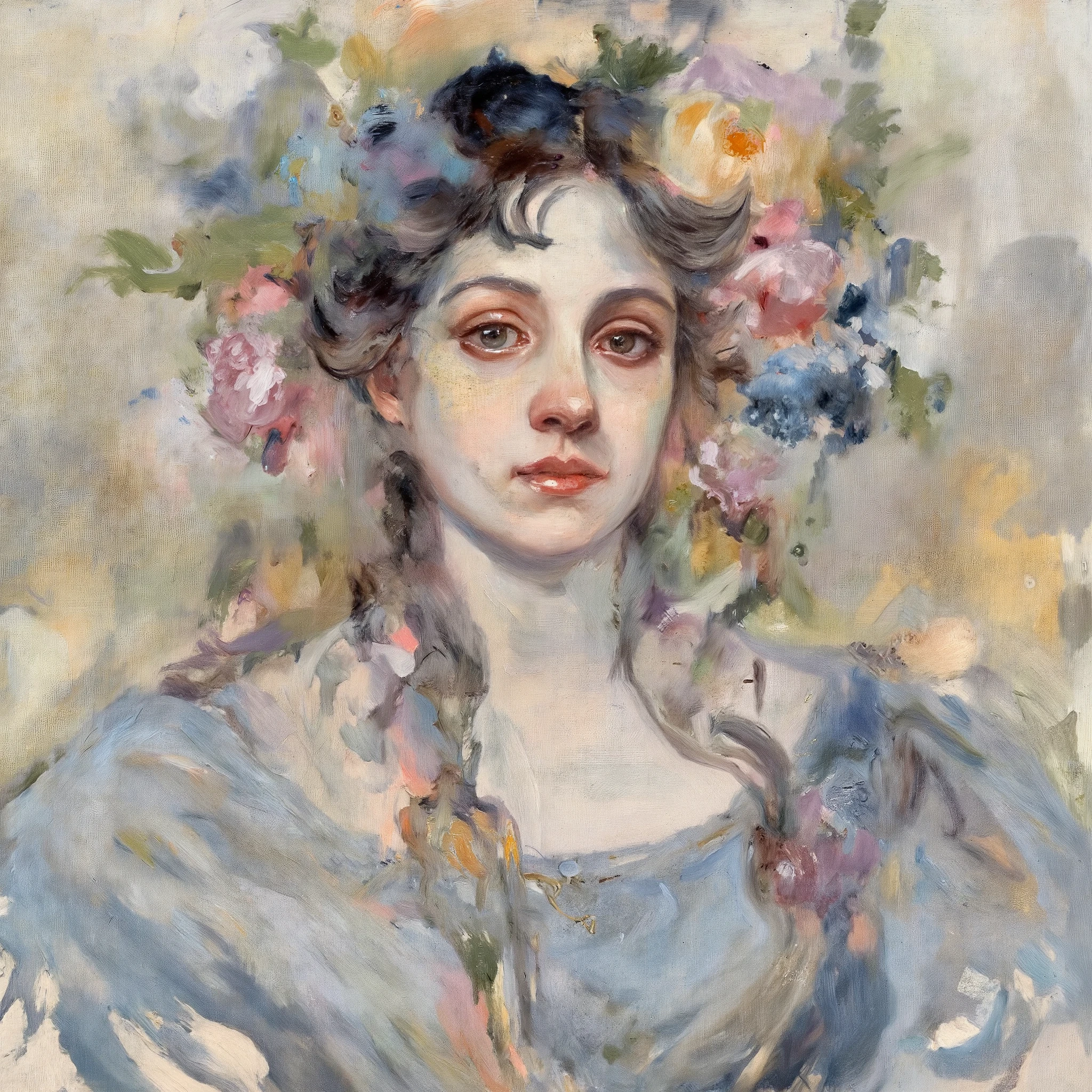 Top quality, 1 beautiful girl with flowers, blue dress, long hair, small ears, oil painting, boke, smearing, Antoni Taffies y Puig
Inspired by the masterpiece