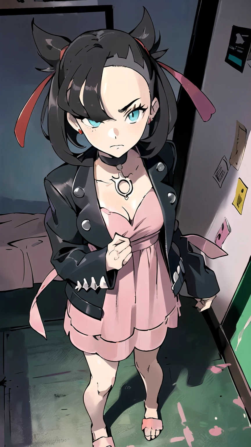 ((masterpiece,best quality)), { Sugimori_Ken_artstyle_LoRA(1.2( : Manga_Style } {horror_edit}  {horror_edit : creepy_room_aura} } {  :(hmmarnie, aqua eyes,  , perfectly_smsll shape_breast : perfectly_slender_body   } { , black choker, red ribbon, pink dress, jewelry, black jacket, open clothes, long sleeves  } {standing : obedient } { no_emotion : hypnotic_eyes : hypnotized_eyes : lazy_eyes} { sweating  } { : dark otaku room : creepy : messy}