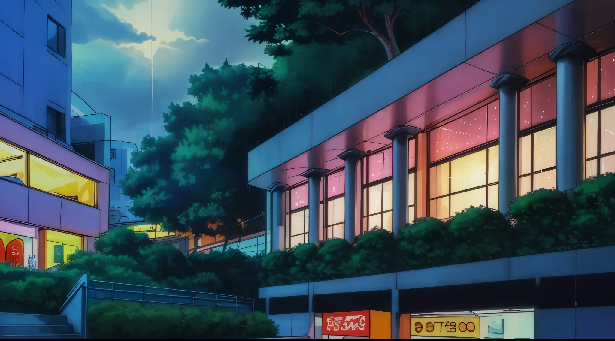 (Rain) (Raindrops) (Nightime)
(80’s Anime) (Classic) (Vintage) (Retro)
1980’s Japanese City of several buildings built in a modern contemperary architecture.
There is a very large Shopping Mall and Center
(View from the entrance of the Shopping Mall)