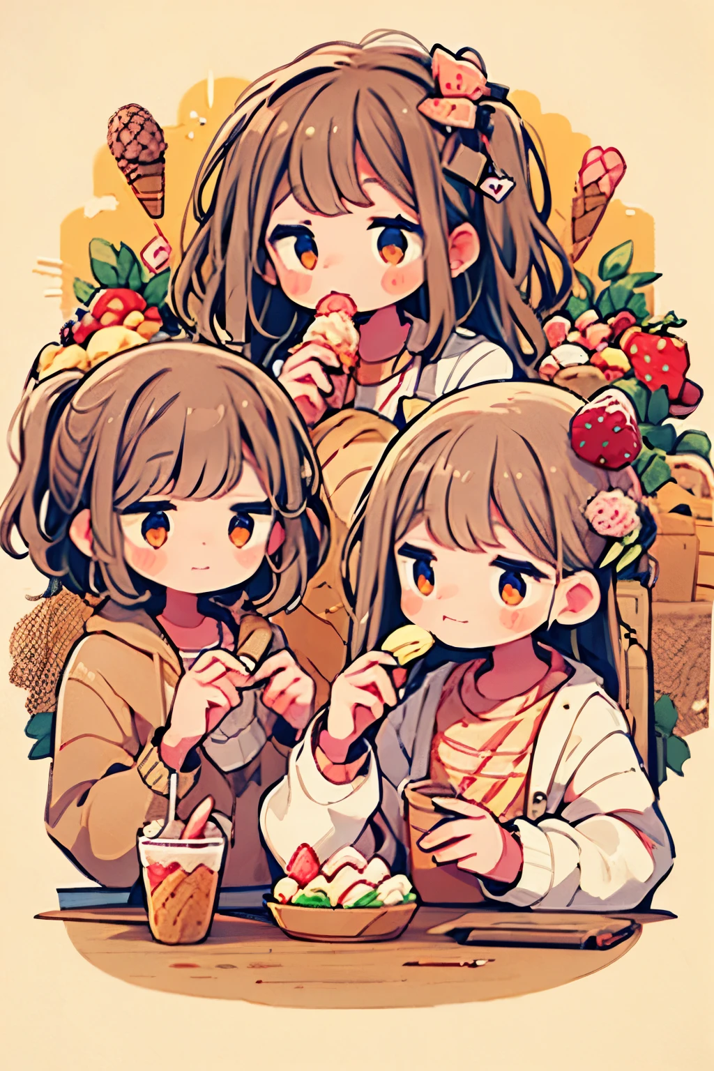 smiling girls next two cups of gelato with strawberries in them, strawberry ice cream, ice cream, eating ice cream, ice cream on the side, eating ice - cream, ice cream cones,
