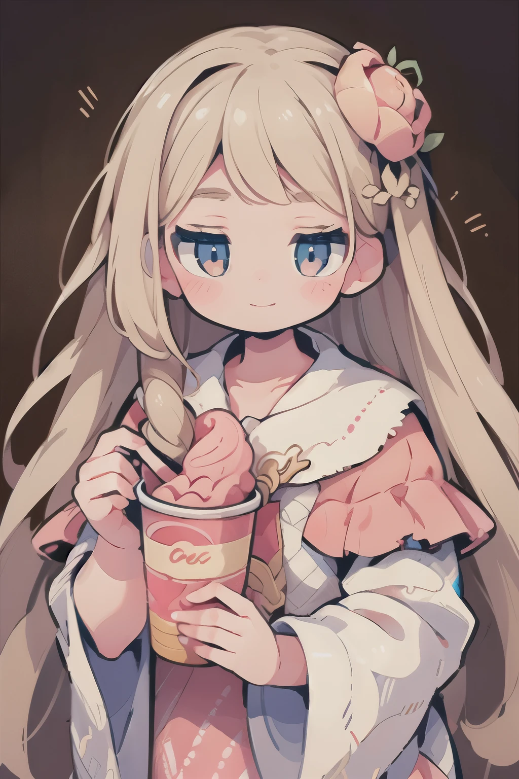 smiling girls with long hair, beautiful detailed eyes, beautiful detailed lips, extremely detailed face, long eyelashes, holding a cup of strawberry gelato, detailed ice cream texture, realistic, photorealistic, high quality, 8k, masterpiece, intricate details, soft lighting, pastel colors, dreamy atmosphere