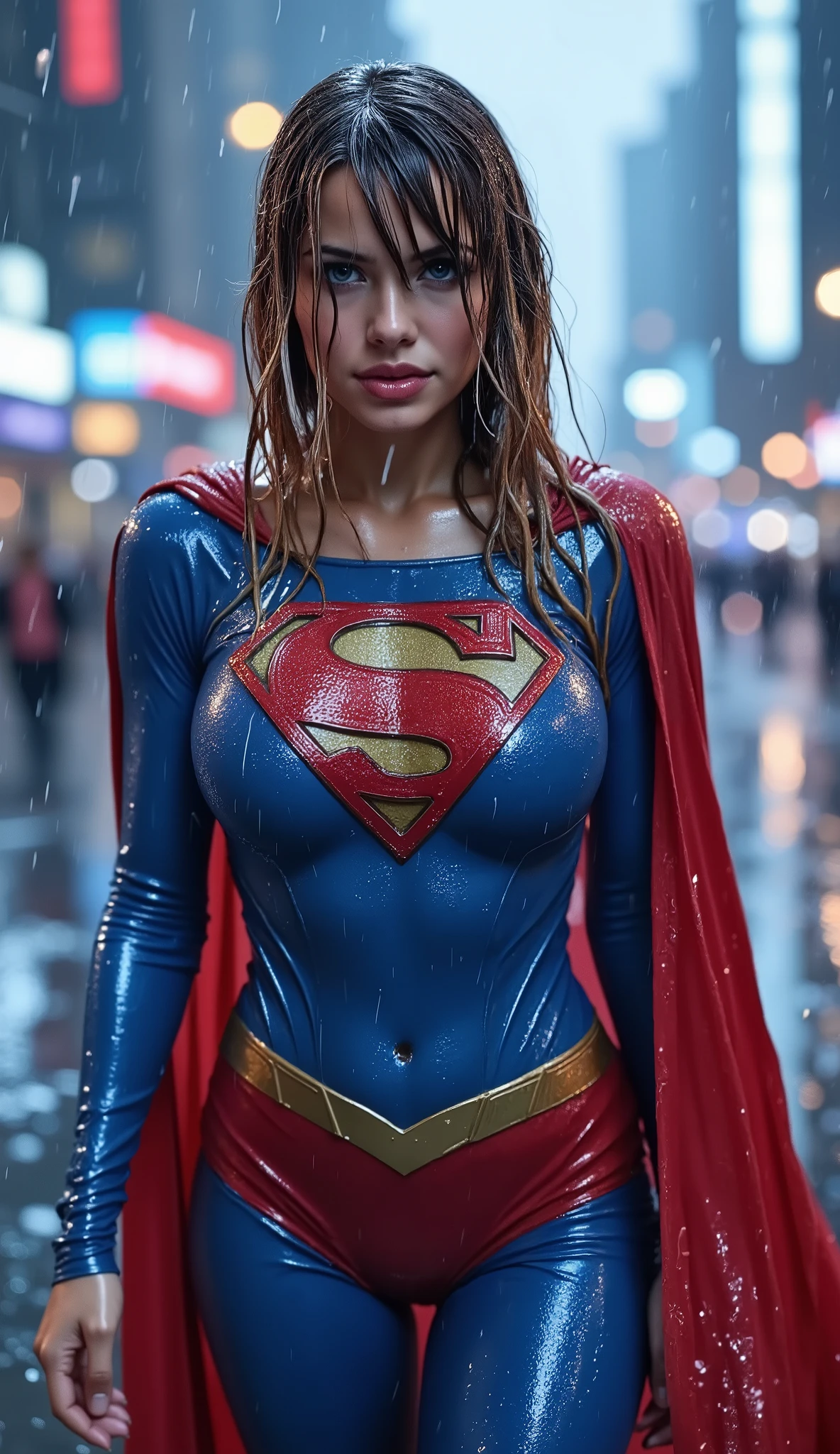 A BLUE EYED, A VERY MATURE YOUNG CUTE, PETITE BLONDE ASIAN GIRL WEARING A BLUE SUPERMAN SUIT AND RED CAPE. SOAKING WET FROM THE RAIN OUTSIDE WALKING. COMPLETELY SOAKED AND WET.4K, 8K. HAIR, CLOTHES AND CAPE DRENCHED IN RAIN. 4K RAIN, 4K WATER BEADS, 4K HIGH RESOLUTION, SHARP CRYSTAL CLEAR IMAGE, PROUDLY WEARING THE 'S" EMBLEM.