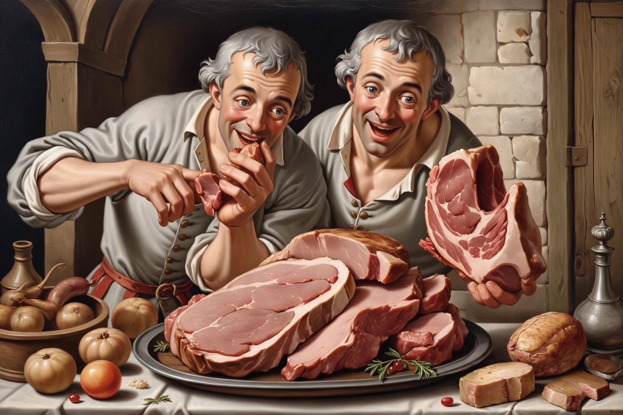 I can see a little magic , Medieval material style, hyperrealism, 1700s, indoor, more details,France,A man grabbing a chunk of meat, only 1 character