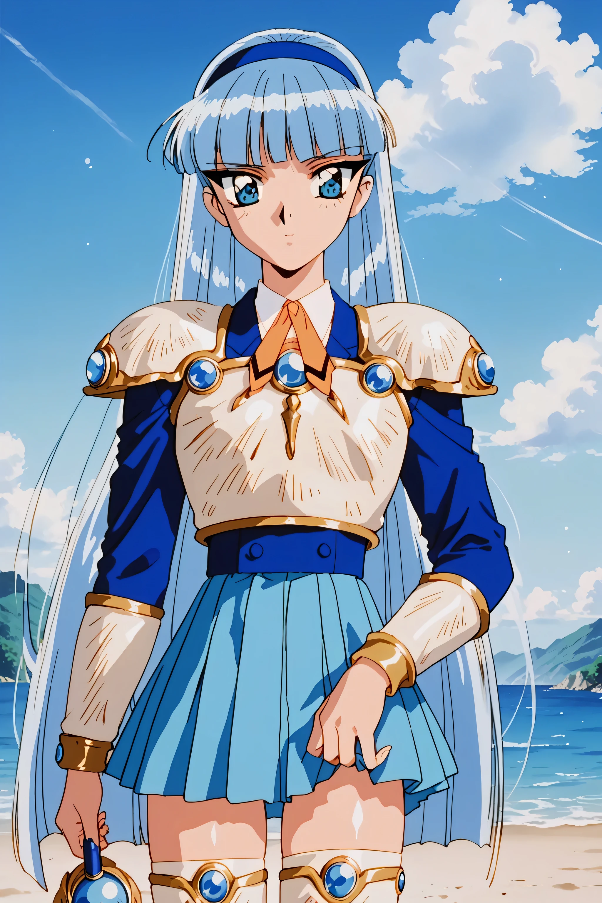 score_9,score_8_up,score_7_up,score_6_up,score_5_up,score_4_up,source_anime,(solo:1.5), masterpiece,highest quality,Super detailed,8k,High resolution,an extremely delicate and beautiful,Official Art,Perfect Anatomy,1990s \(style\),90s anime,90s anime style,retro artstyle,Cel-shaded anime,anime screencap,anime coloring,perfect face,beautiful,sexy,athletic body,shiny skin,(scale to fit the dimensions:1.2), AEUmiKnight, blue eyes, blue hair, blunt bangs, long hair, blue hairband, white breastplate, single shoulder pad, shoulder armor, blue skirt, thigh armor, white footwear, white thigh boots, zettai ryouiki,