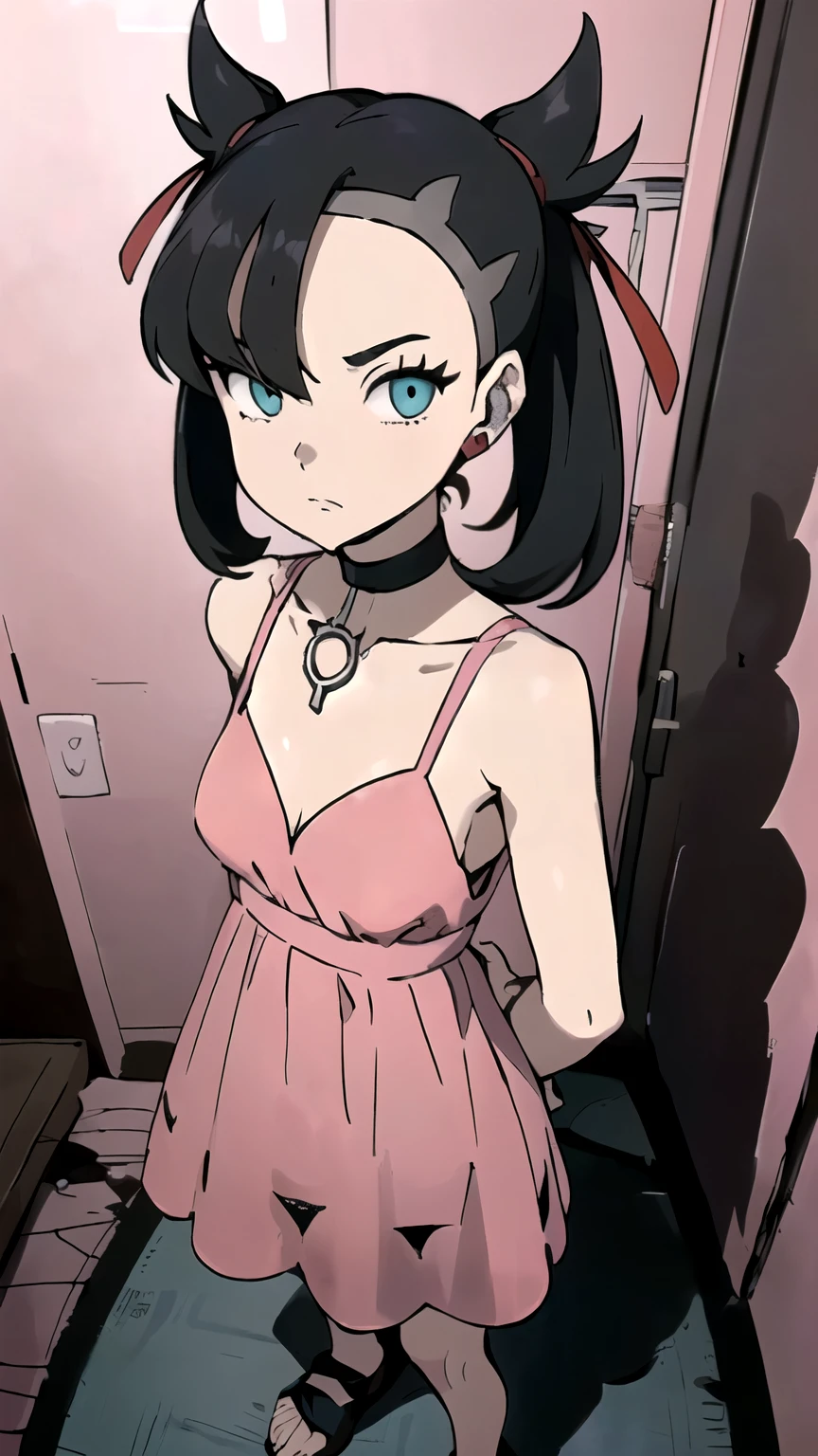 ((masterpiece,best quality)), { Sugimori_Ken_artstyle_LoRA(1.2( : Manga_Style } {horror_edit}  {horror_edit : creepy_room_aura} } {  :(hmmarnie, aqua eyes,  , perfectly_small_shape_breast : perfectly_slender_body   } { , black choker, red ribbon, pink dress, jewelry, collarbone  } {standing : obedient } { no_emotion : hypnotic_eyes : hypnotized_eyes : lazy_eyes} { sweating  } { : dark otaku room : creepy : messy}