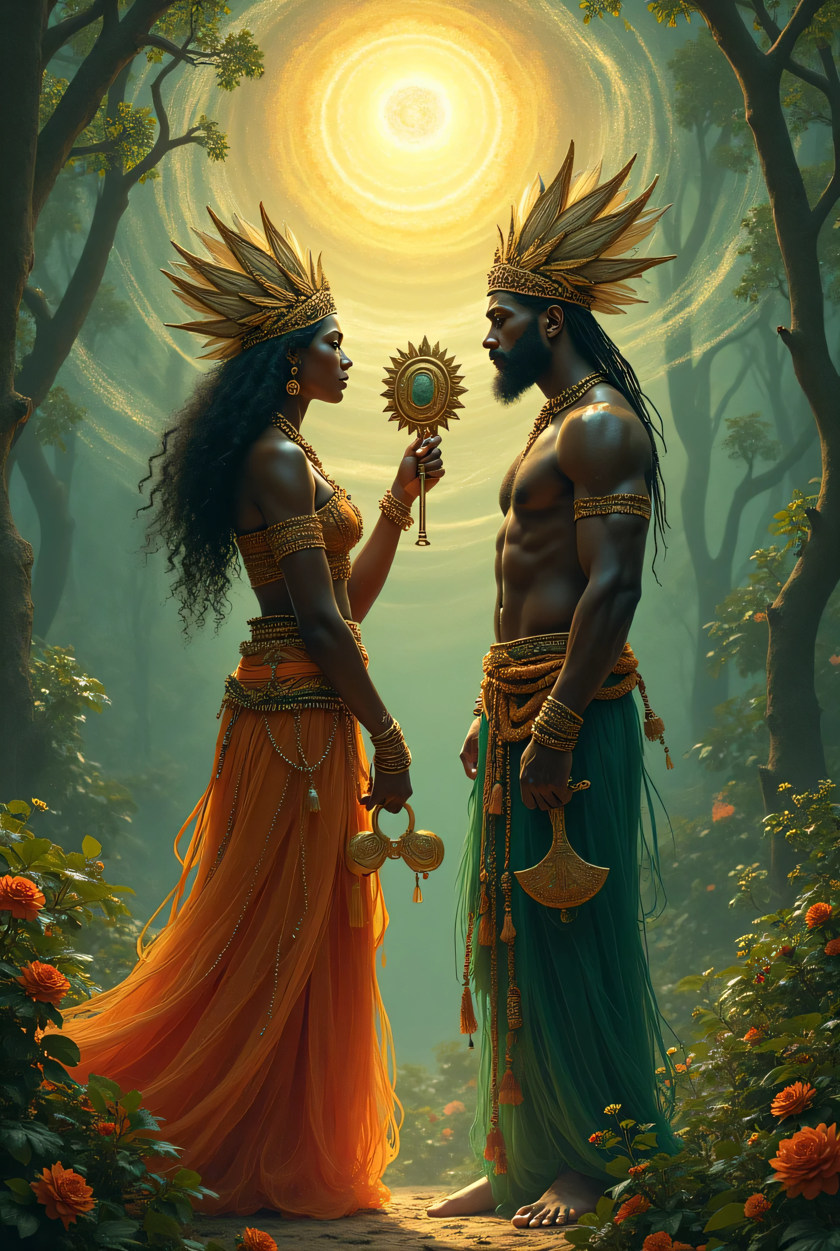Ogun and Oxum next to each other, their dark faces and bodies, Ogun with his blue clothes and Oxum with his yellow clothes