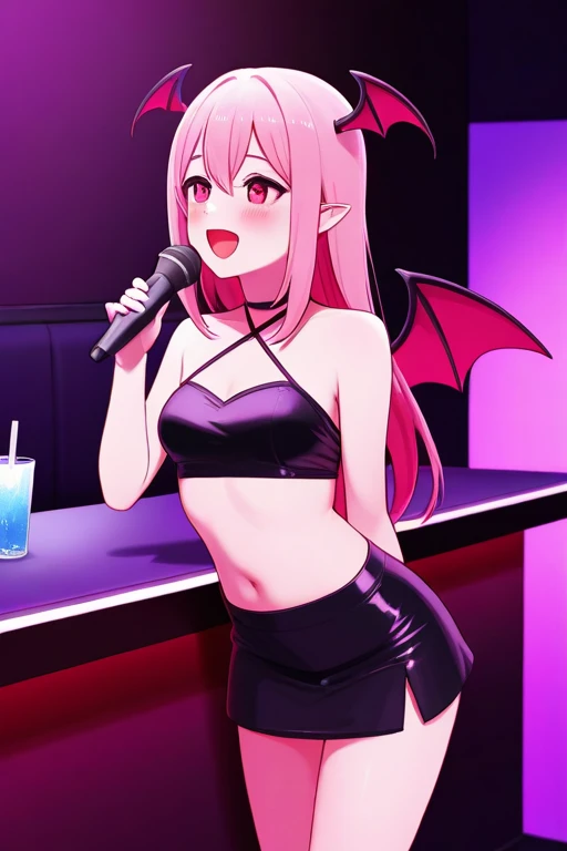 masterpiece, best quality, 2ndC, <lora:RyugasakiRene2ndCv1:1>, 1girl, navel, red_belt, smile, underboob, looking_at_viewer, large_breasts, shorts, open_fly, grin, belt, blush, cowboy_shot, loose_belt, blue_shorts, demon_tail, demon_horns, fang_out, fang, pointy_ears, ear_piercing, concert, stage_lights, microphone, holding_microphone, singing