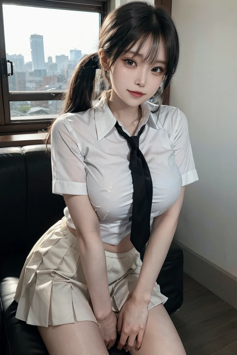 There is a woman sitting on the floor with her tongue out, anime girl Cosplay, anime Cosplay, Cosplay, professional Cosplay, Real life anime girls, hyperRealistic , a hyperRealistic , Realistic Cosplay, full-Cosplay, ayaka Cosplay, Enchanting anime girl, Inspired by anime, Realistic ,Tied shirt, smooth white tight clothing suit, wearing a shirt and tie, wearing a shirt, fine white shirt, wearing a white shirt, open shirt, short Black Pigtails,
