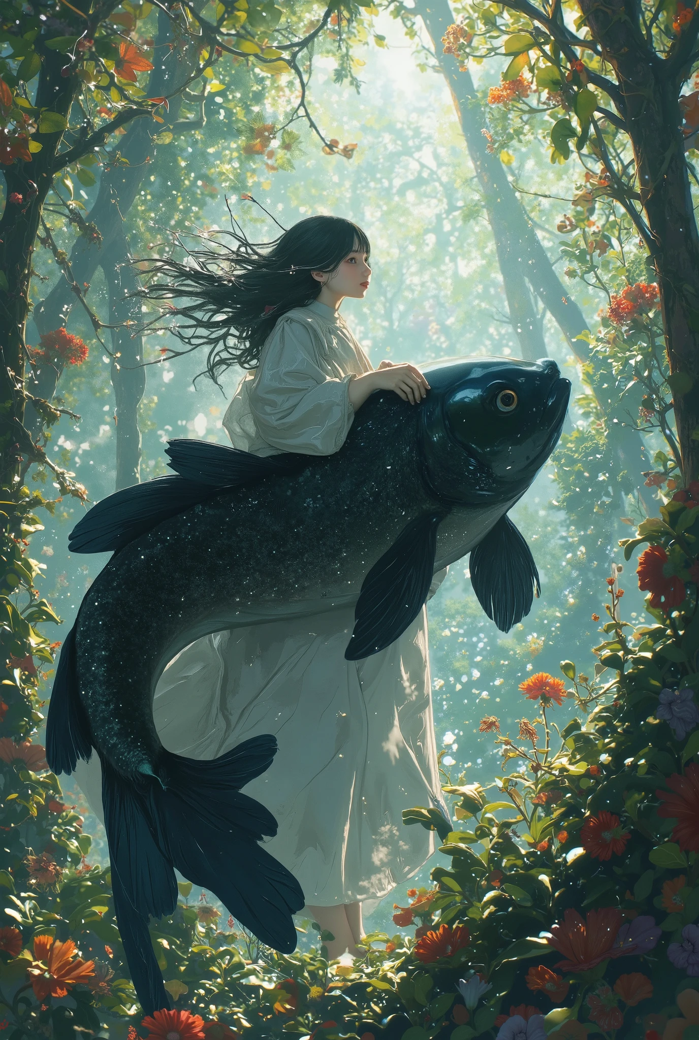 (photorealism:1.2), (photorealism:1.2), (photorealism:1.2), (best quality,4k,8k,highres,masterpiece:1.2),ultra-detailed,(realistic,photorealistic,photo-realistic:1.37),a wizard girl wearing whites wizards outfit, ride a massive, bold,  black Fantail Goldfish with long flowing flower  double tail, fused along the dorsal edge. ,horror mood. sky view. under land with tree view. .fisheye lens, horror mood