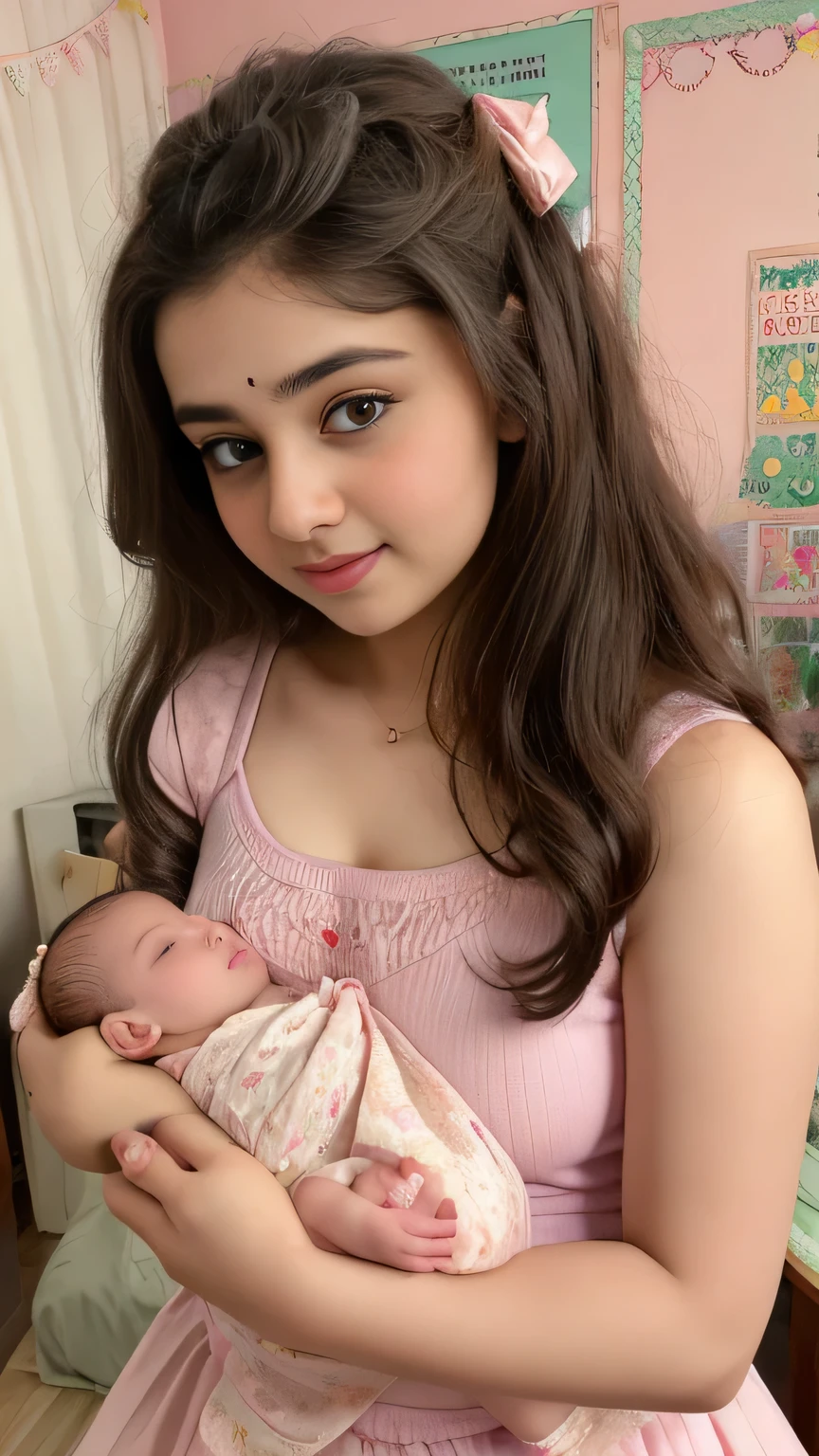 Bedroom photo of 20yo  in school school photo in school masterpiece, (photorealistic:1.4), best quality, beautiful lighting, skirt and tank top, Eleanor Indian girl   with his cute  new born biful boy baby with  pic 20yo Old  Plus Size Model Bun lHair Bun Hair Long extremely curly Hair Lifts Skirt Up Raised Skirt, and hair Pink ribbon and (((desi girl))), with his cute little new bor boy baby pith chubby facatural skin, wearing hot deep neck top and dupatta,Bedroom  background, bokeh sexy waist and style 