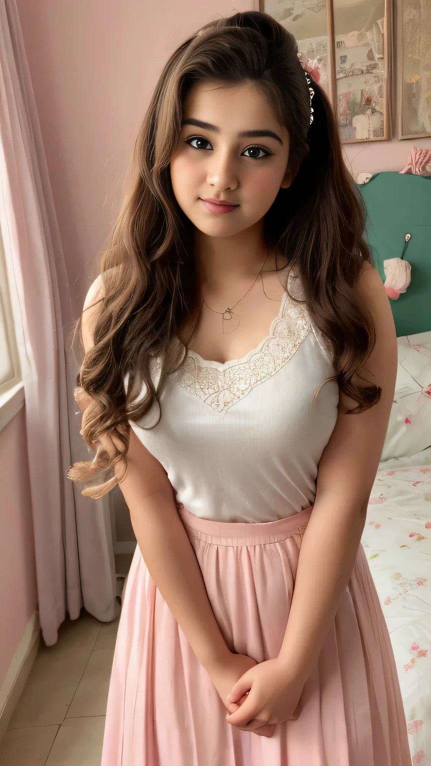 Bedroom photo of 20yo  in school school photo in school masterpiece, (photorealistic:1.4), best quality, beautiful lighting, skirt and tank top, Eleanor Indian girl   with his cute little new born beautiful original boy  with cute pic 20yo Old  Plus Size Model Bun lHair Bun Hair Long extremely curly Hair Lifts Skirt Up Raised Skirt, and hair Pink ribbon and (((desi girl))), with his cute little new born cute original boy baby with chubby face, natural skin, wearing hot deep neck top and dupatta,Bedroom  background, bokeh sexy waist and style 