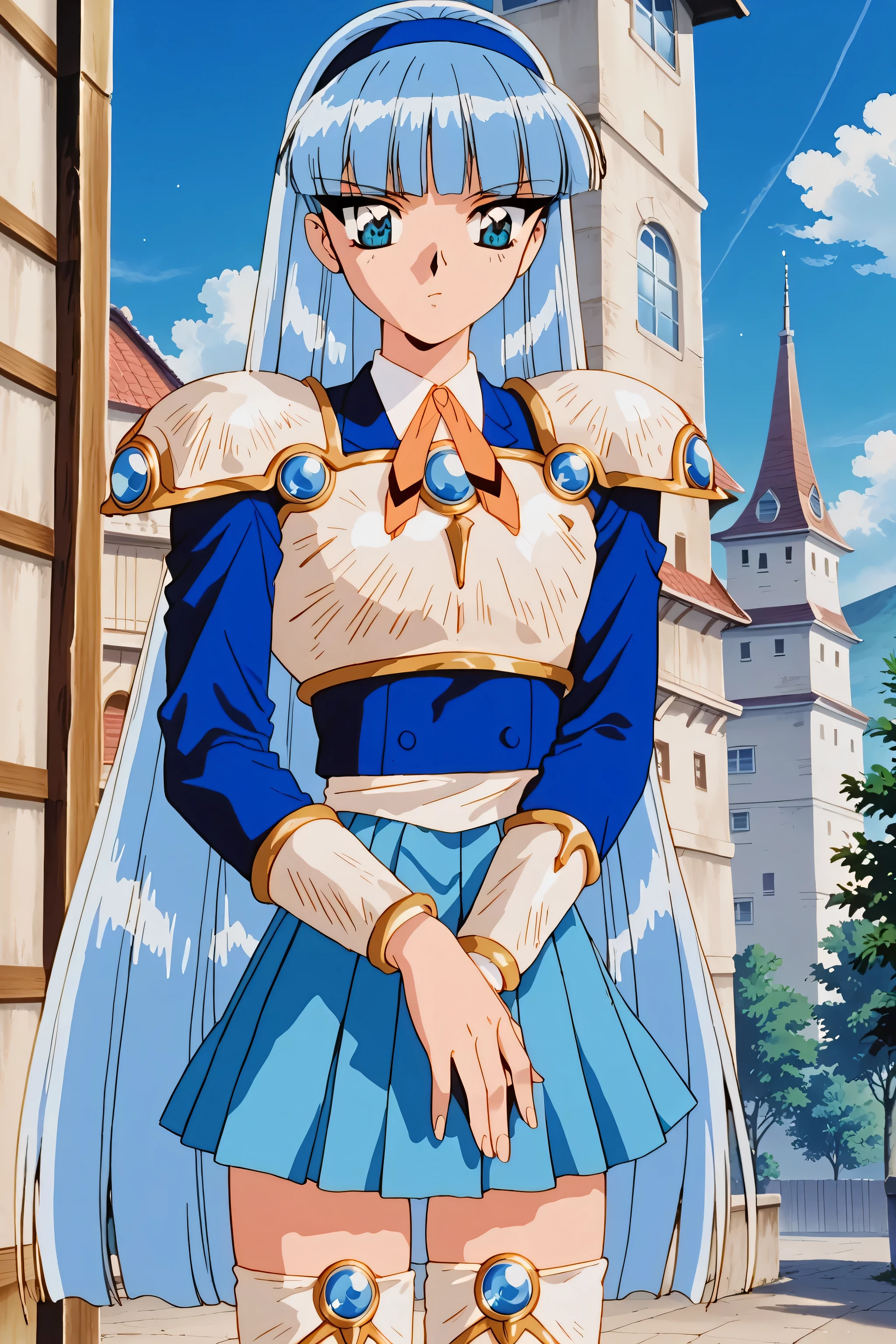 Anime girl in blue dress standing in front of a building - SeaArt AI