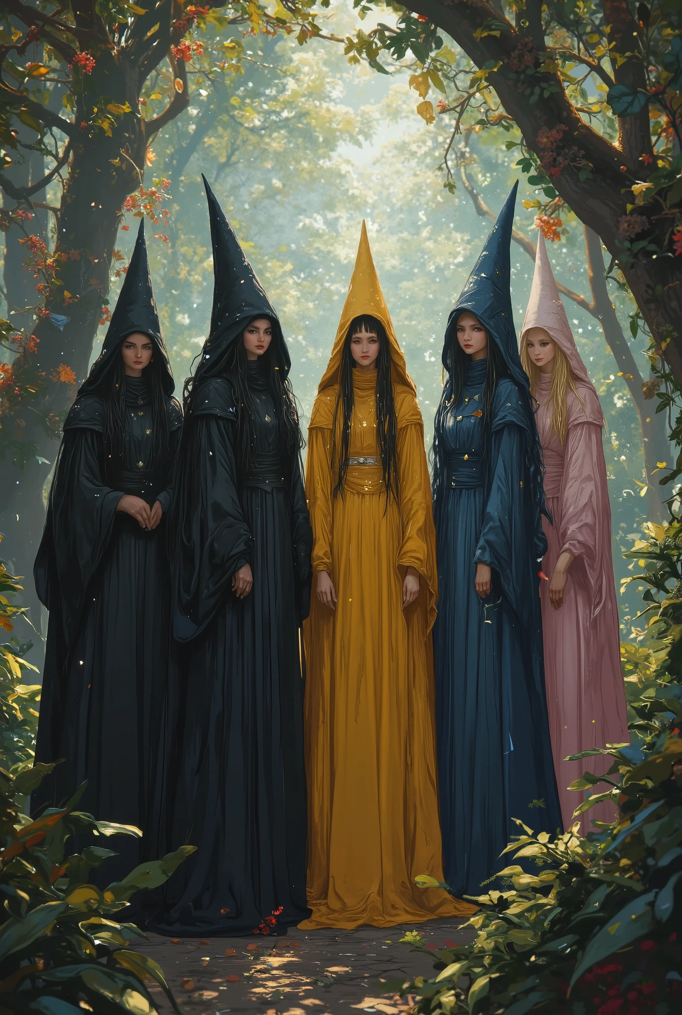 Four sorcerers stand in a mystical forest, each wearing a wizard robe and a matching pointed wizard hat that complements their unique style. They all have long hair flowing past their waists, adding to their powerful and mysterious aura. The first sorcerer has long dark brown hair and wears a black wizard robe with a matching black pointed hat. He stands confidently, his golden eyes glowing faintly in the dim forest light. The second sorcerer has straight, fiery red hair with bangs and wears a deep yellow wizard robe with a matching deep yellow pointed hat, her intense gaze exuding fiery energy. The third sorcerer has long wavy black hair and is dressed in a deep azure blue wizard robe with a matching deep blue pointed hat, her calm golden eyes radiating quiet strength. The fourth sorcerer has curly blonde hair and wears a rich pink wizard robe with a matching rich pink pointed hat, her enchanting golden eyes filled with mystery and charm. The forest around them is shrouded in mist, with faint magical energy glowing in the air, creating an enchanting and powerful atmosphere