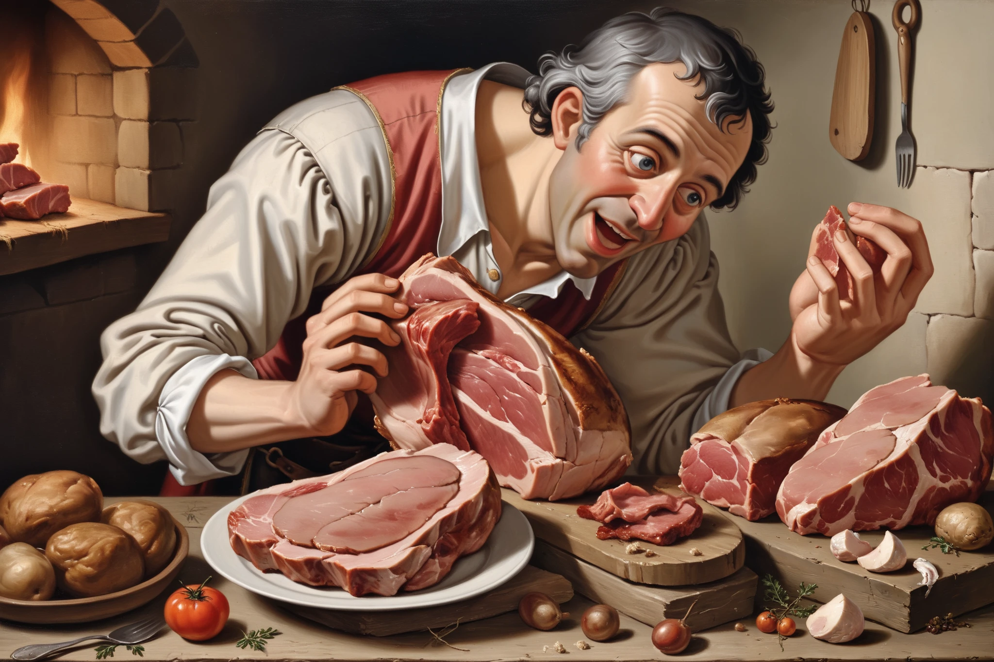 I can see a little magic , Medieval material style, hyperrealism, 1700s, indoor, more details,France,A man grabbing a chunk of meat, only 1 character