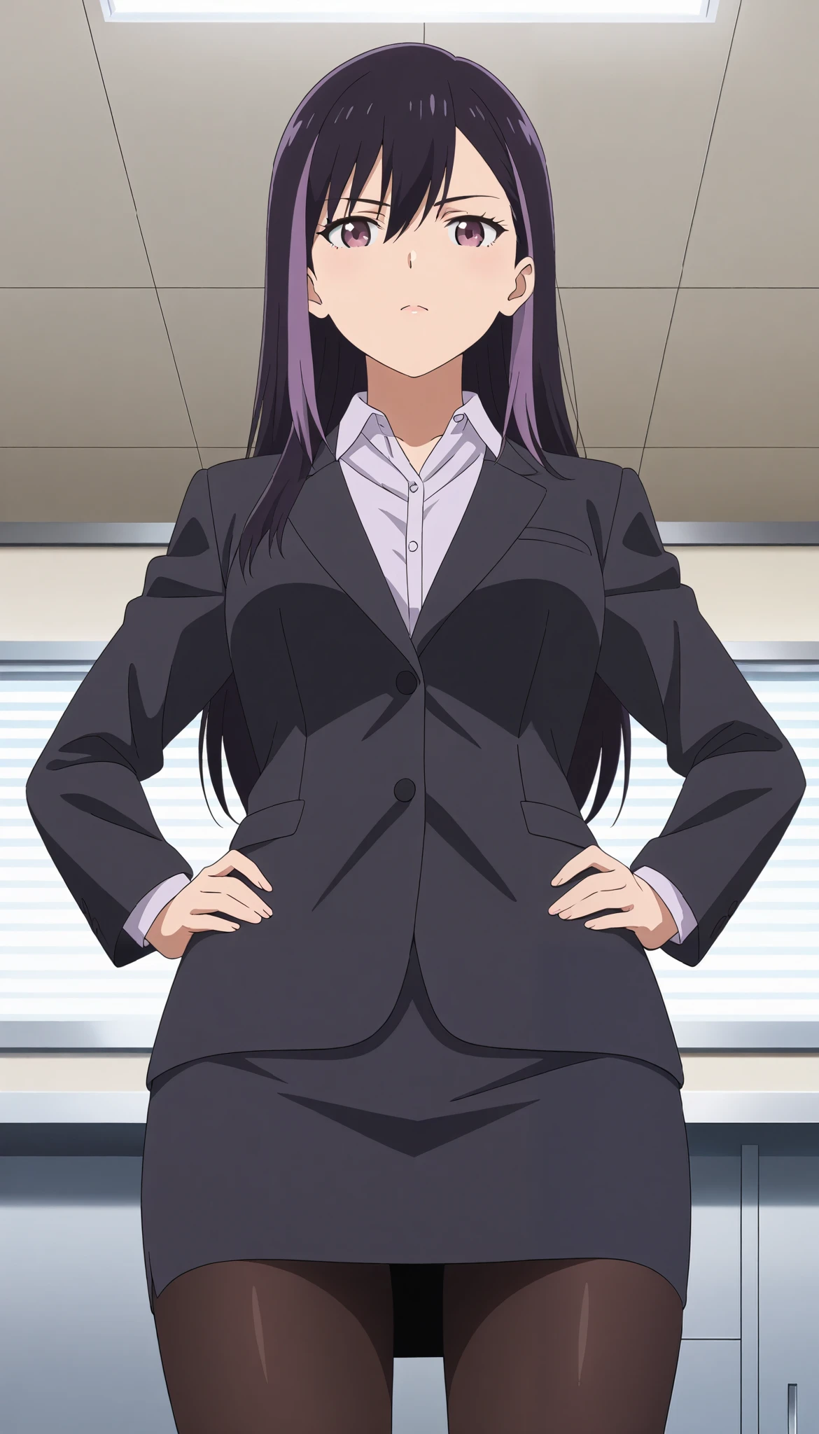 score_9, score_8_up, score_7_up, source_anime, BREAK 1girl, solo, looking at viewer, in office , from front, rika honjouji, purple hair, black hair, multicolored hair, long hair, hair between eyes, purple eyes, work uniform, collared shirt, suit, long sleeves, pencil skirt, pantyhose,rouge lips ,standing ,hands on hips ,from below ,cowboy shot ,serious