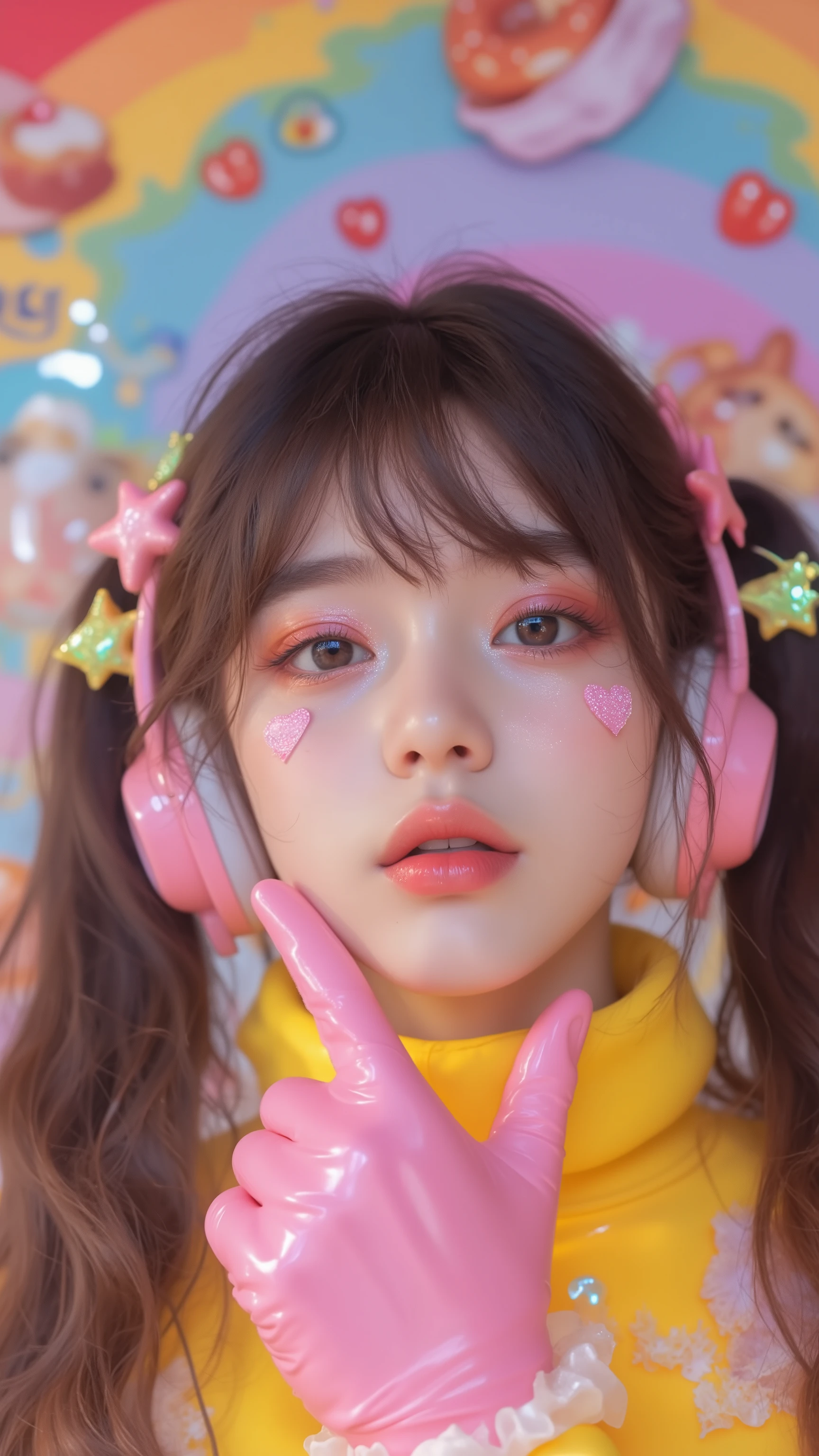 8k, masterpiece, highest quality, Close-up,  front-facing,  young woman, dark hair, pigtails, pink hair clips, star-shaped, pink headphones, heart-shaped makeup,  pink glove,  right hand, chin, yellow garment, rainbow, blurred background, food images,  menu-like, vibrant, playful, kawaii.


