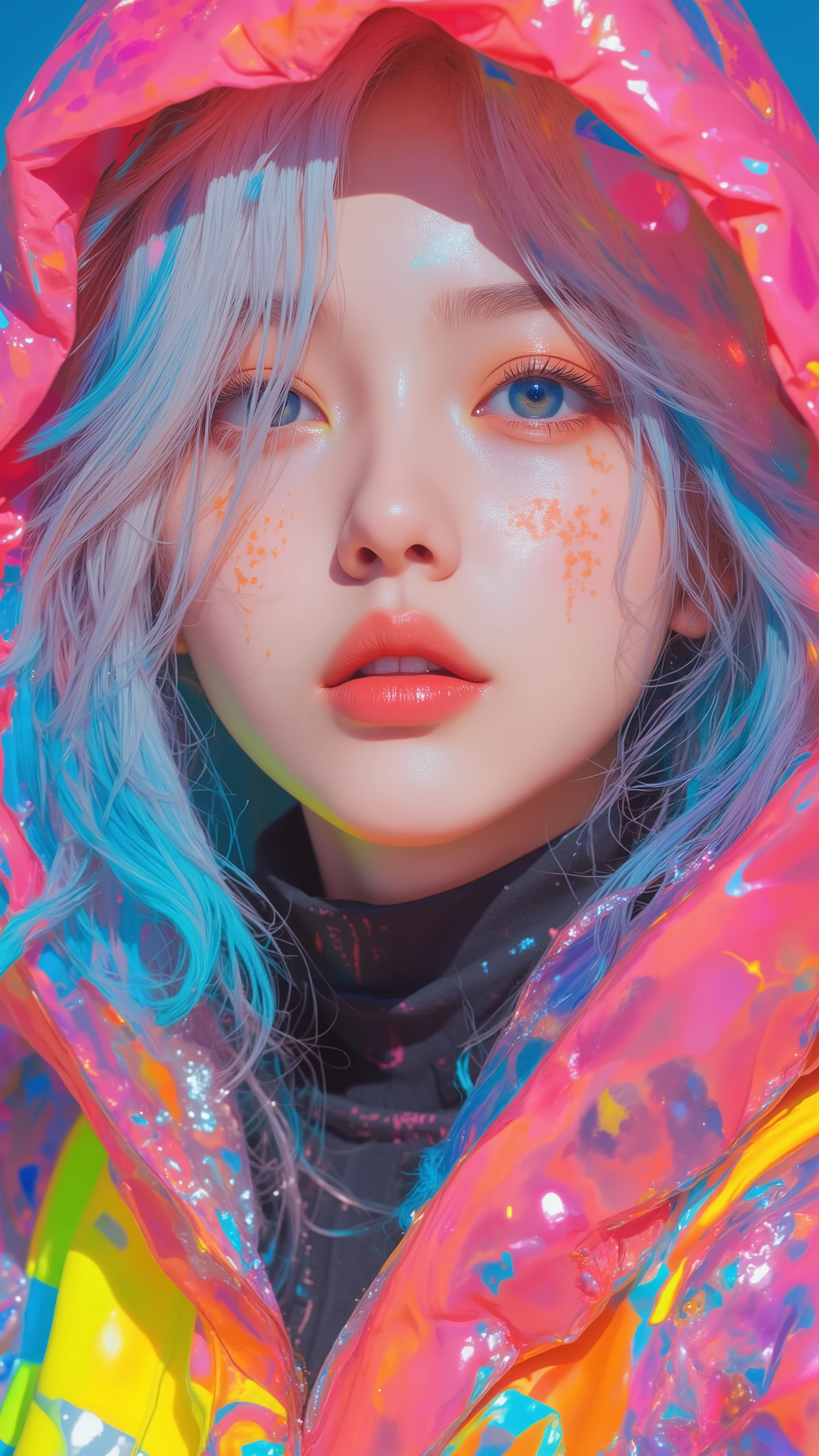 8k, masterpiece, highest quality, Korea's Beautiful Women, Close-up, frontal, partially obscured, hood, white-blue hair, large eyes, vibrant blue irises, painted skin, orange streaks, serious expression, dark collar, colorful accessories, gadgets, hooded top, safety vest, pink, blue, yellow, orange, neon, bold, illustrative, smooth lines, bold colors.