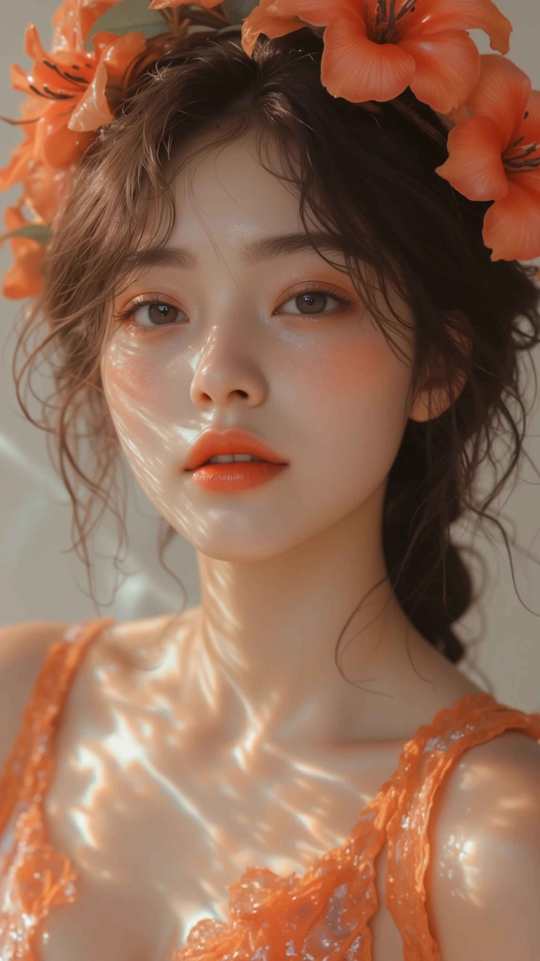 8k, masterpiece, highest quality, Close-up, Close-up,  frontal,  young woman, dark hair, braid,  loose tendrils, floral crown, orange, red, roses, lilies, peachy blush, orange-red lipstick, dark eyebrows, calm expression, fair skin, reddish-orange top, sleeveless, thin straps, pink rose, muted off-white background, serene, romantic.

