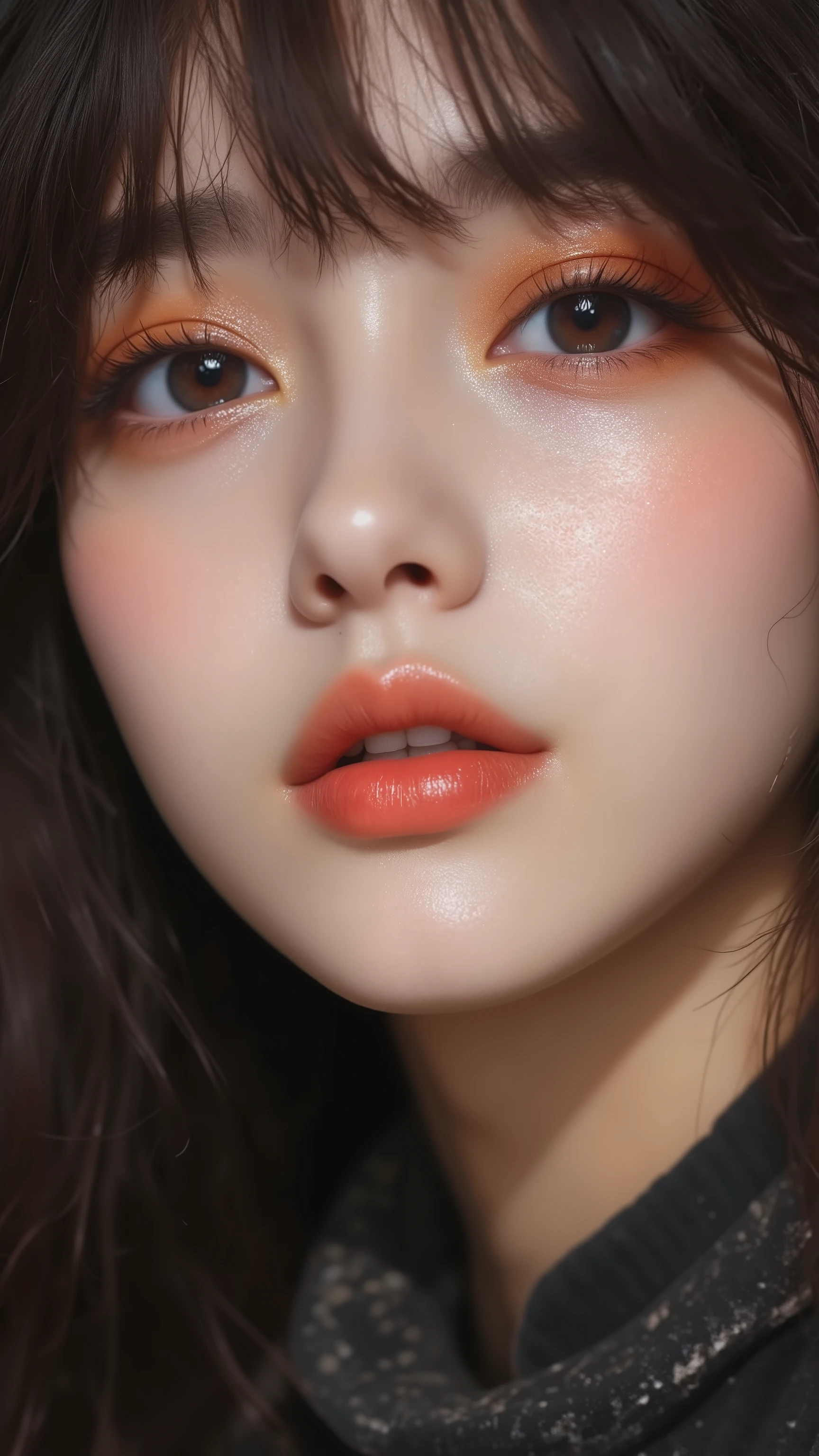 8k, masterpiece, highest quality, Korea's Beautiful Women, Close-up, slightly low angle, large eyes, orange eyeshadow, full lips, dark hair, blunt bangs, long lashes, pale skin, subtle blush, peach lips, dark clothing, neck garment, no background detail.