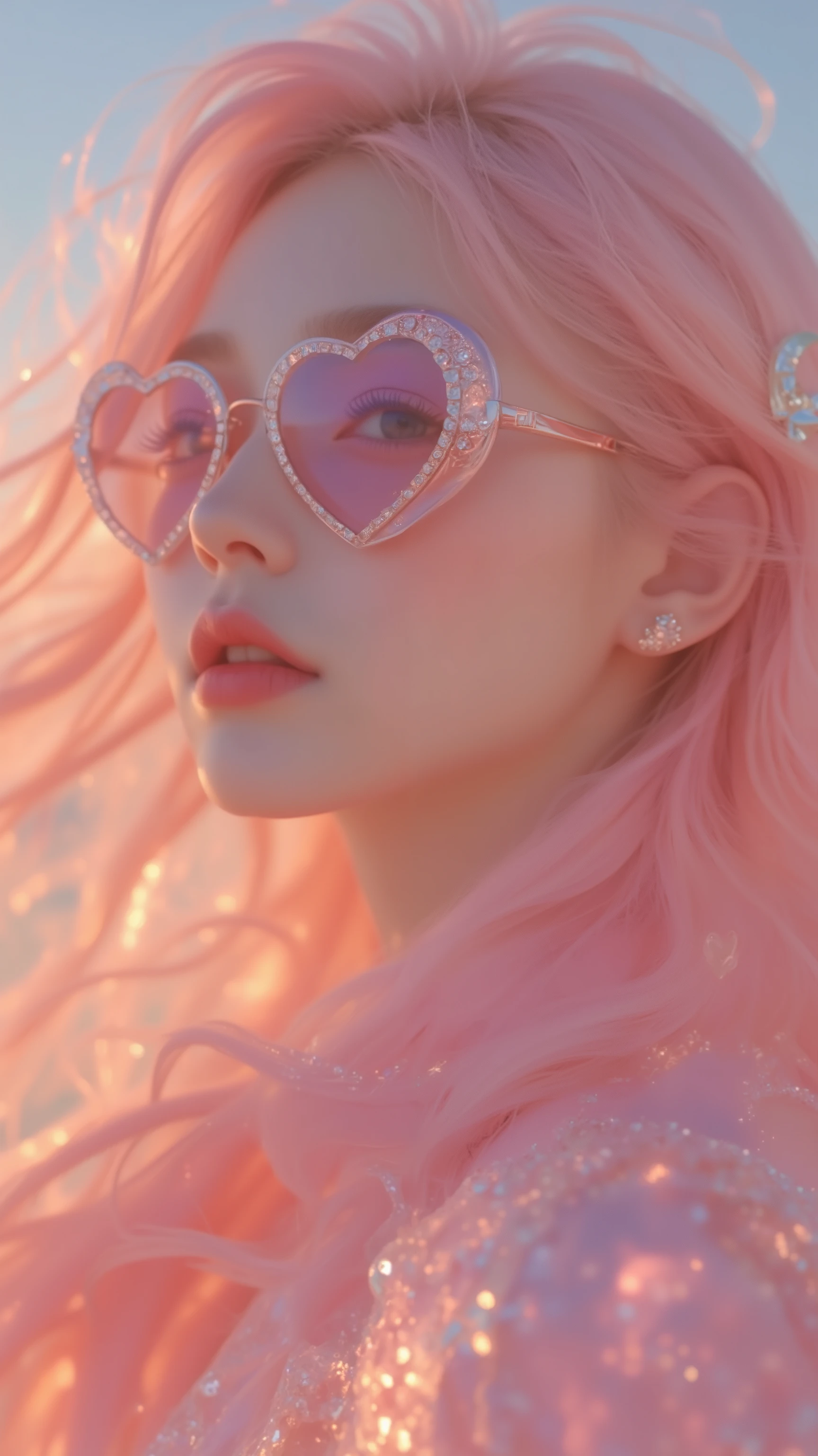 8k, masterpiece, highest quality, Korea's Beautiful Women, Low-angle, long hair, pink hair, heart-shaped sunglasses, rhinestones, crescent moon earrings, star hair clip, soft makeup, pink clothing, dreamy expression, open mouth, sunset background, beach or desert setting, ethereal lighting, flowing hair.