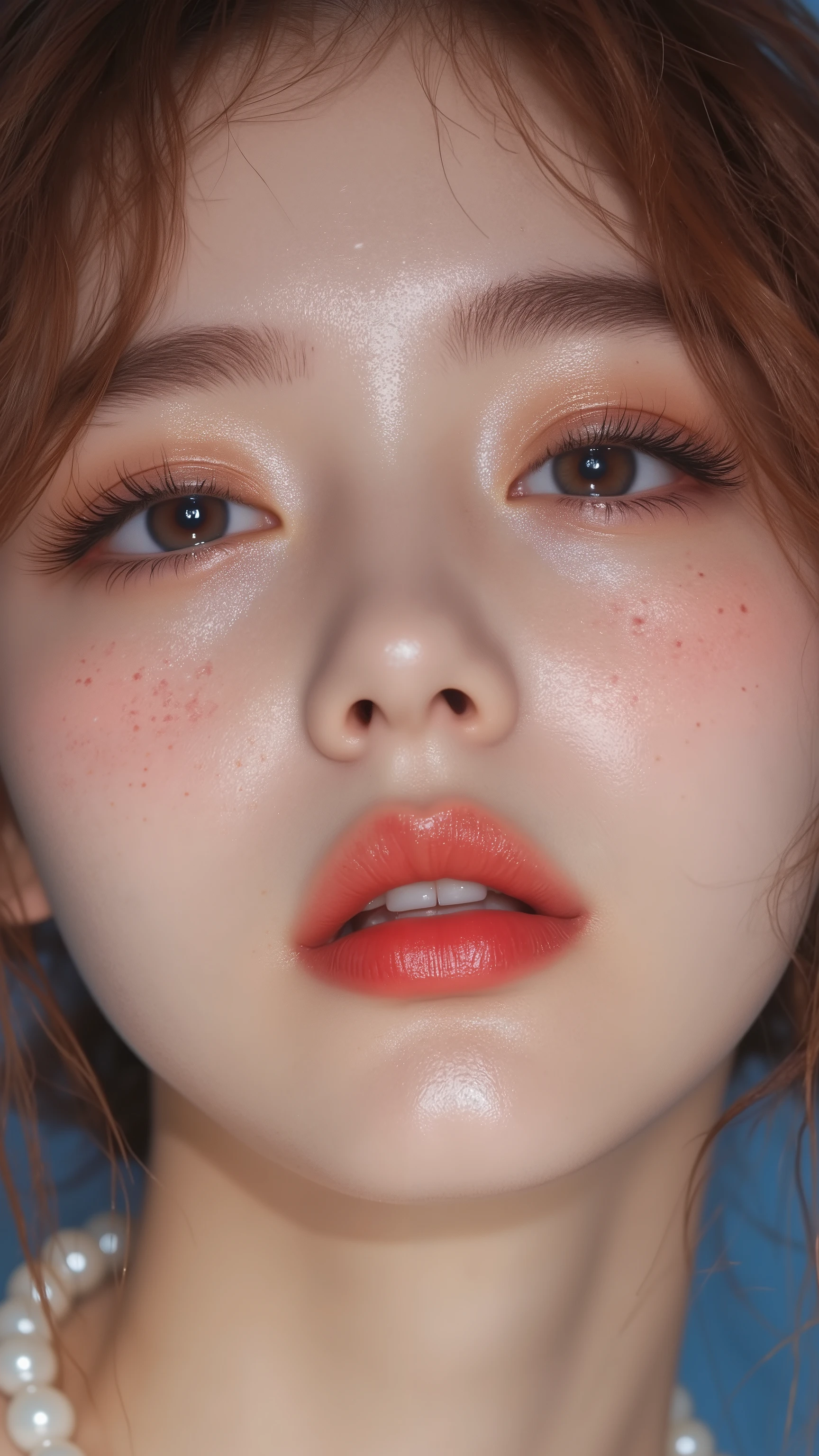 8k, masterpiece, highest quality, Korea's Beautiful Women, Close-up, frontal, female, glossy skin, freckles, closed eyes, long lashes, lips that want a kiss, full lips, red lipstick, arched eyebrows, reddish-brown hair, pearl necklace, simple blue background.