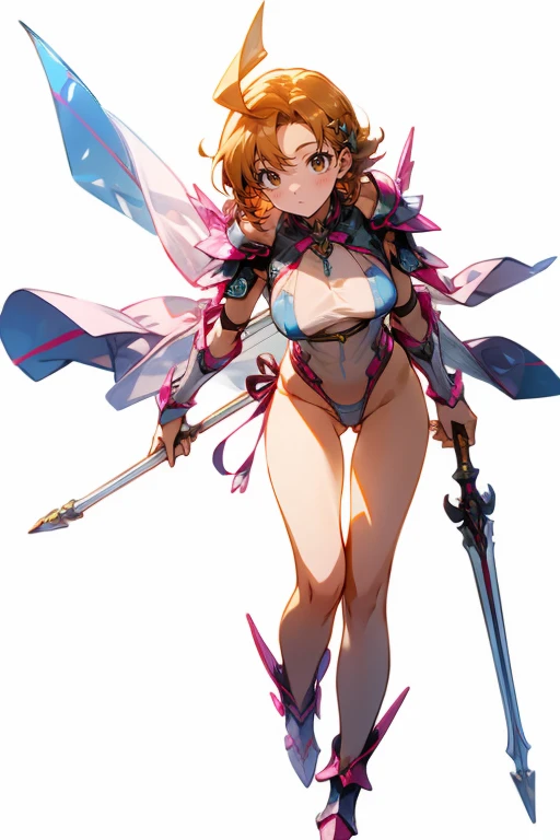 fantasy, 1angel_girl,(_teen:, ,brown_hair, medium_bob_hair, long_bangs, halo,bare_shoulder,thighhighs,silver_armor, waist_armor, large_breasts,angry,grinning,open_mouth_teeth, 1pair_wings, dynamic_pose_fighting,floating, bare_crotch, headgear,gauntlet, greaves,city_background,slightly_spread_legs, solo, groin_naked,