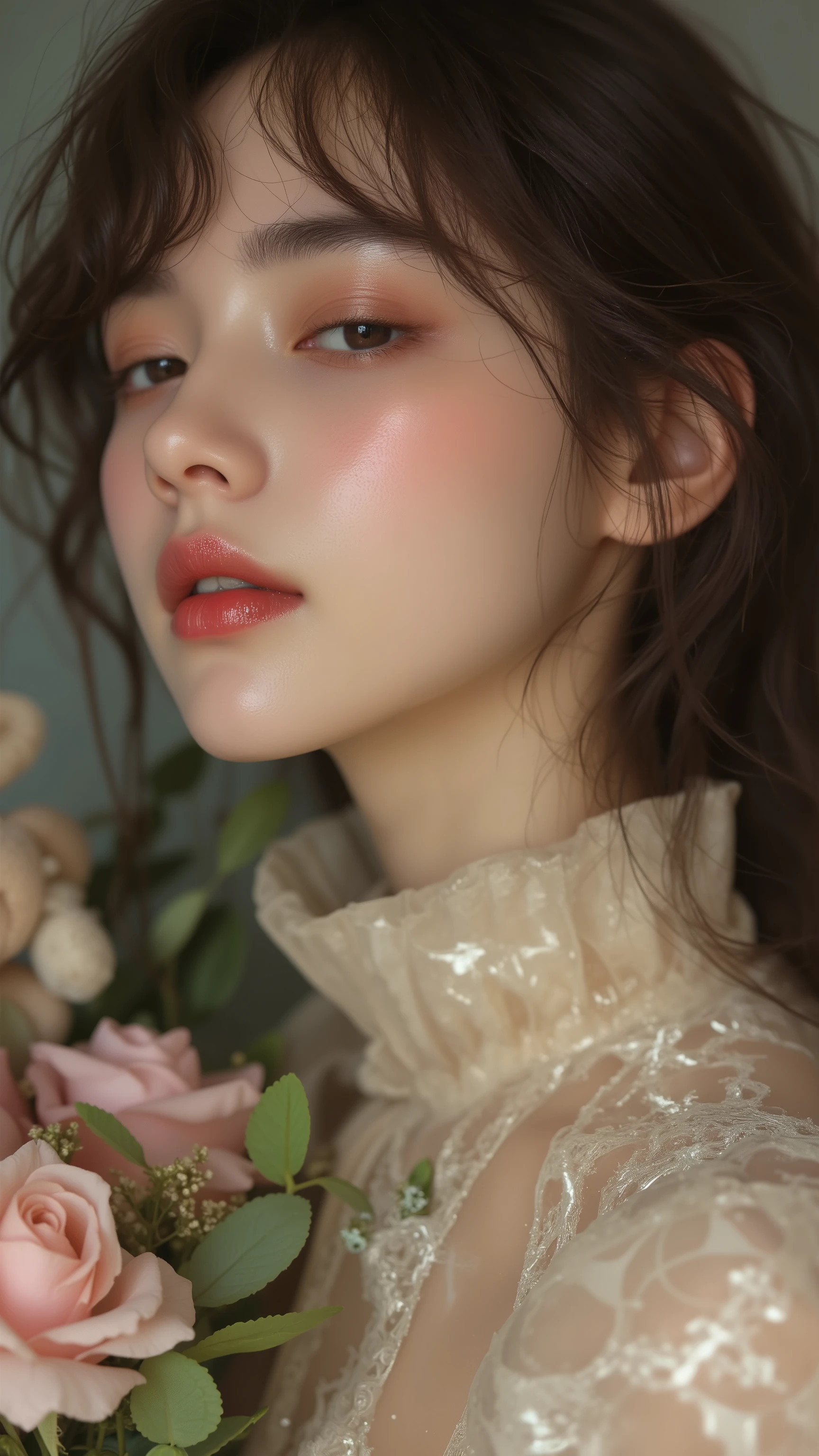 8k, masterpiece, highest quality, Close-up, woman, long, dark, hair, curtain bangs, wavy, layered, fair skin, subtle makeup, rosy cheeks, lips, soft expression, eyes closed, light beige dress, puffed sleeves, holding, artificial roses, greenery, blurred background, stuffed animal, rabbit, muted background.