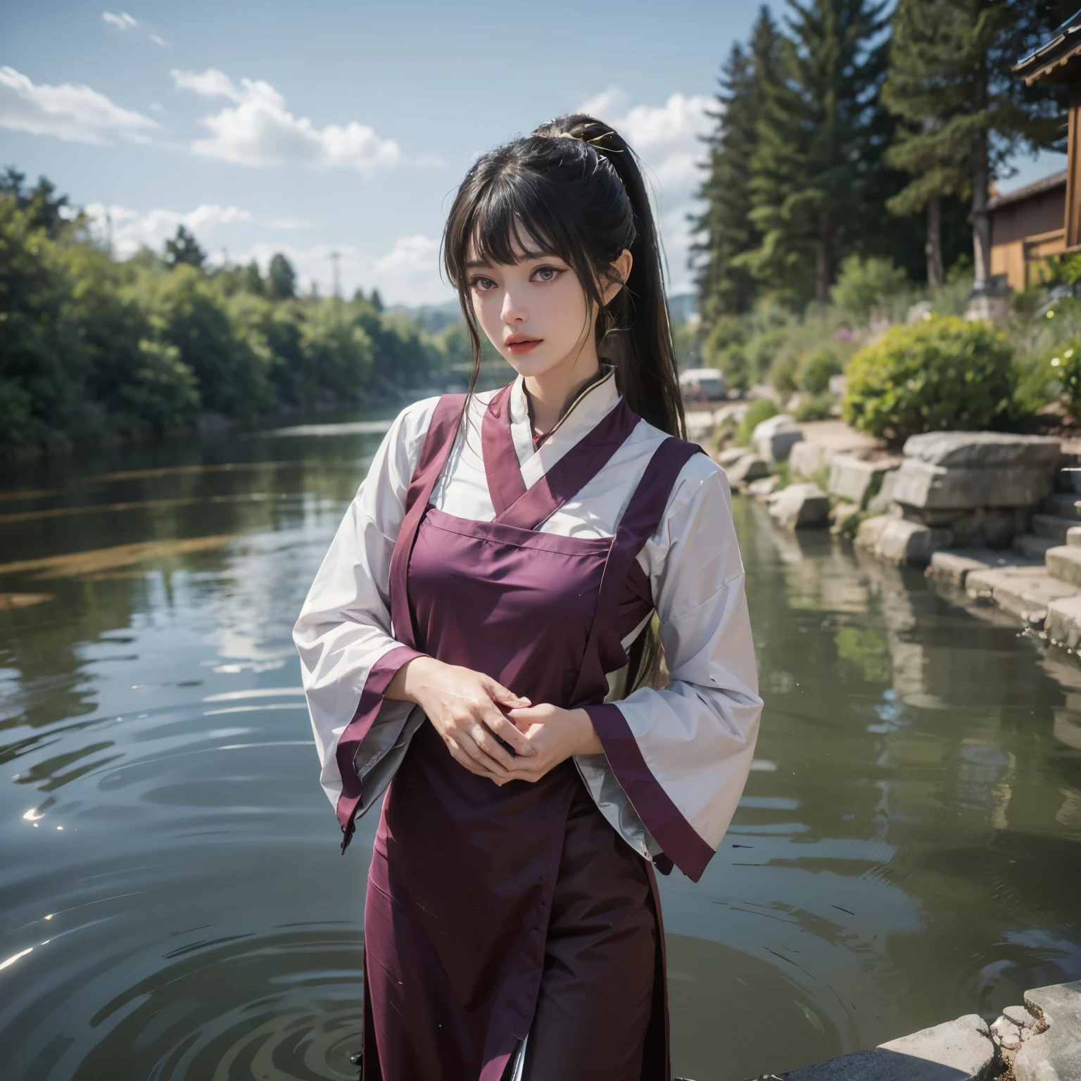 ((masterpiece)), ((best quality)), ((ultra-detailed)),((hyperrealistic)),shiny skin,  1girl  ,alone,(((swept bangs))),hair intakes ,((black hair)),long hair,straight hair,ponytail,(sidelocks,sideburns),((dark purple eyes)),medium breasts,,,dynamic angle,,((priest,Monk,ドラクエのMonk))、( magic wand on water), group of demons、forest、 Sacred Light 
