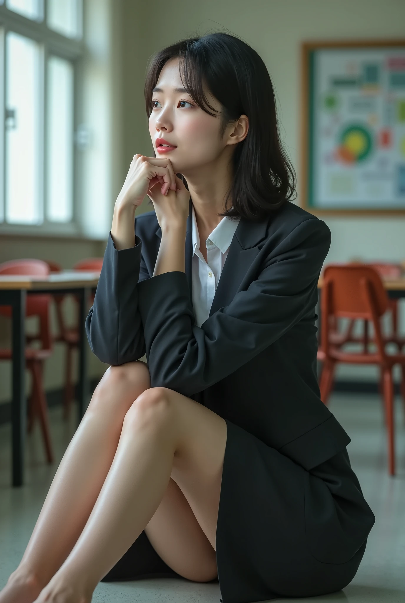 Woman sitting on the floor in a suit and heels - SeaArt AI
