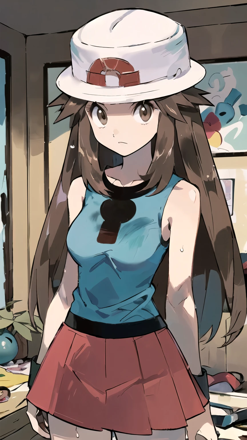 ((masterpiece,best quality)), { Sugimori_Ken_artstyle_LoRA(1.2( : Manga_Style } {horror_edit} {horror_edit : creepy_room_aura} } { :(pkmnleaf, 1girl, solo, brown eyes, brown hair, long hair, sidelocks, hat, white headwear , perfectly_shape_breast : perfectly_slender_body } { , aqua shirt, sleeveless, red skirt, miniskirt, pleated skirt, black wristband,} {standing : obedient } { no_emotion : hypnotic_eyes : hypnotized_eyes : lazy_eyes} { sweating } { : dark otaku room : creepy : messy}