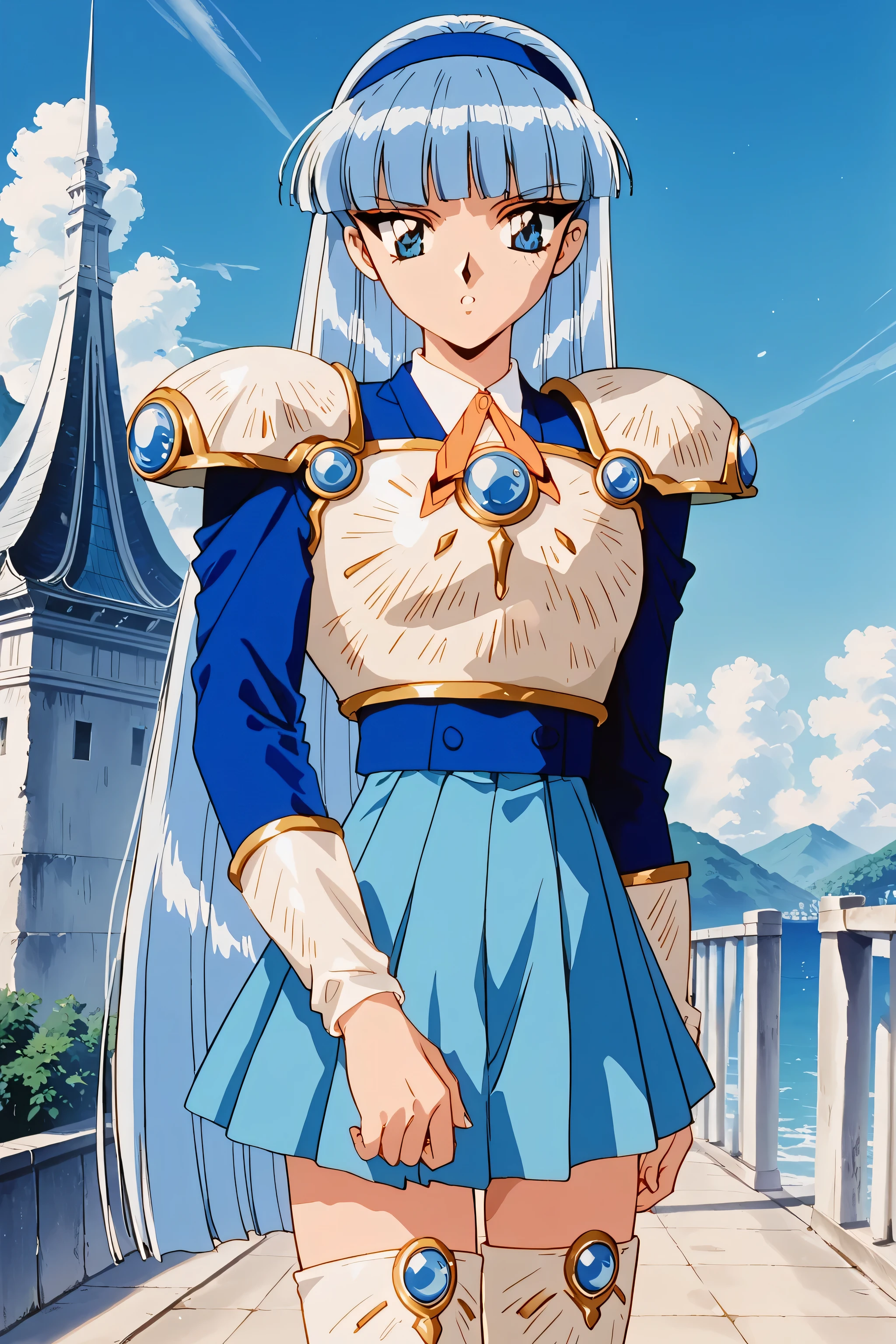 score_9,score_8_up,score_7_up,score_6_up,score_5_up,score_4_up,source_anime,(solo:1.5), masterpiece,highest quality,Super detailed,8k,High resolution,an extremely delicate and beautiful,Official Art,Perfect Anatomy,1990s \(style\),90s anime,90s anime style,retro artstyle,Cel-shaded anime,anime screencap,anime coloring,perfect face,beautiful,sexy,athletic body,shiny skin,(scale to fit the dimensions:1.2), AEUmiKnight, blue eyes, blue hair, blunt bangs, long hair, blue hairband, white breastplate, single shoulder pad, shoulder armor, blue skirt, thigh armor, white footwear, white thigh boots, zettai ryouiki,