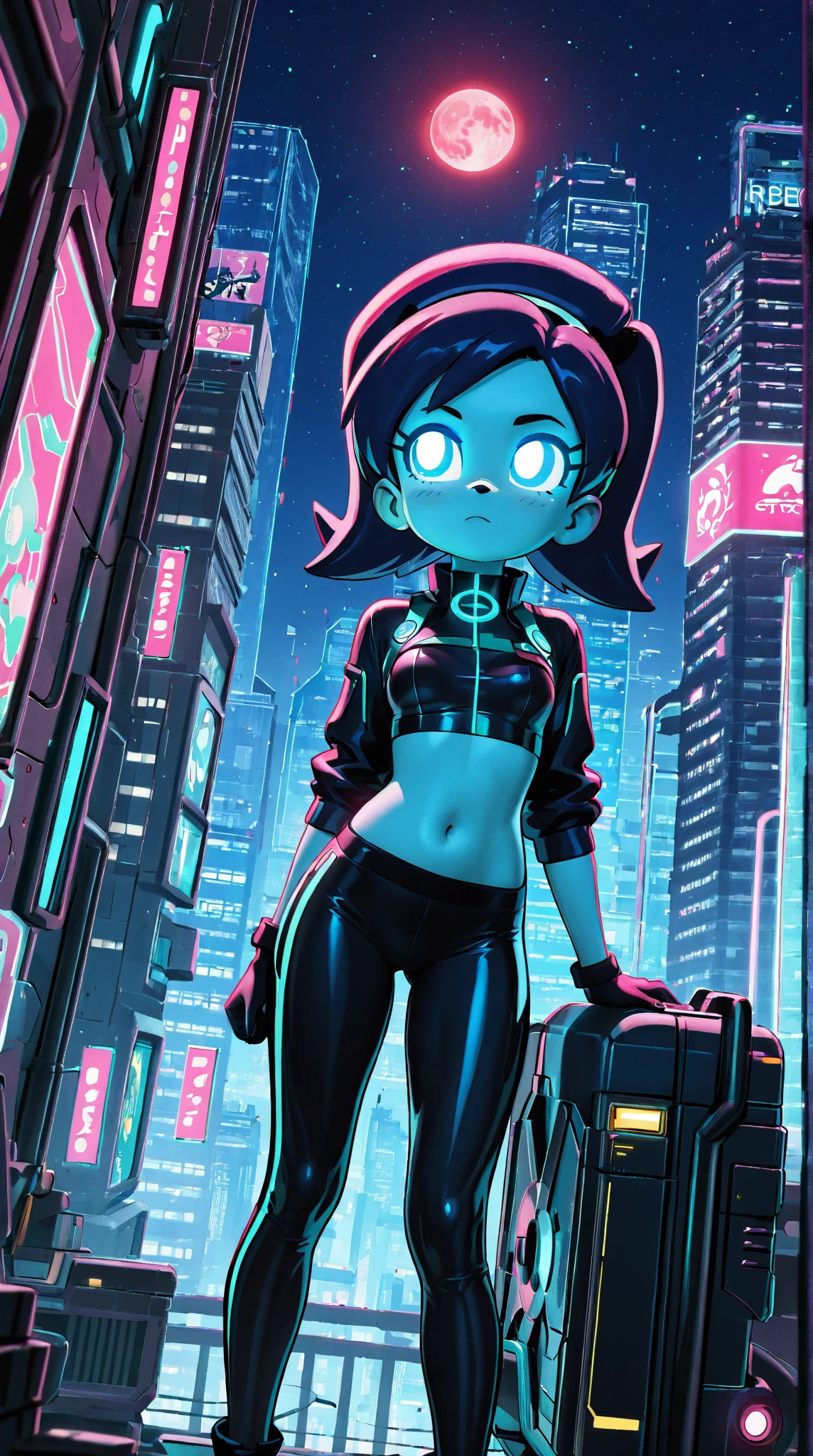 (8k),(masterpiece),(Japanese),(8-year-old girl),((innocent look)),((Childish)),From the front,smile,cute,Innocent,Kind eyes,Flat chest,Hairless vagina, Cameltoe, Uzumaki Himawari,short,Hair blowing in the wind,Dark Blue Hair,Strong wind,night,dark, Neon light cyberpunk Konoha Village 