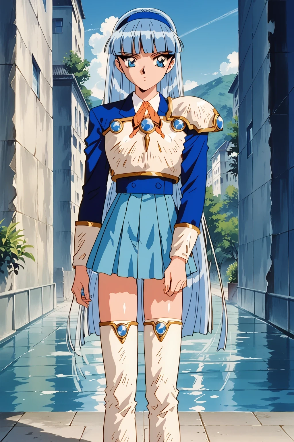 score_9,score_8_up,score_7_up,score_6_up,score_5_up,score_4_up,source_anime,(solo:1.5), masterpiece,highest quality,Super detailed,8k,High resolution,an extremely delicate and beautiful,Official Art,Perfect Anatomy,1990s \(style\),90s anime,90s anime style,retro artstyle,Cel-shaded anime,anime screencap,anime coloring,perfect face,beautiful,sexy,athletic body,shiny skin,(scale to fit the dimensions:1.2), AEUmiKnight, blue eyes, blue hair, blunt bangs, long hair, blue hairband, white breastplate, single shoulder pad, shoulder armor, blue skirt, thigh armor, white footwear, white thigh boots, zettai ryouiki,