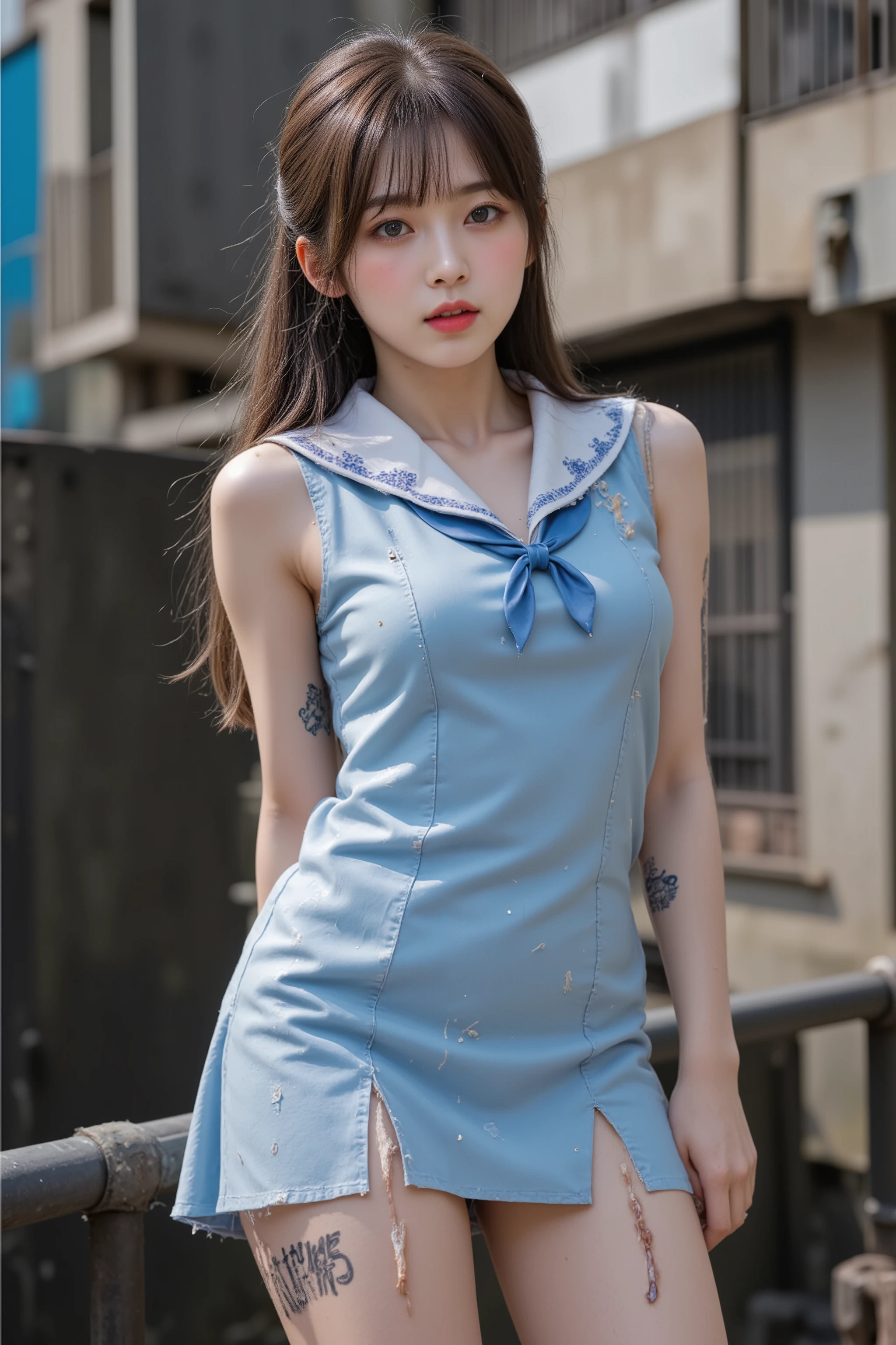 NSFW, penis_shadow,
Photorealistic,
Highly detailed,
full body,
a beautiful Korean girl,
She is very young, she is in her early s,
Her hair is slightly chestnut black,
her hairstyle is a long ponytail with bangs,
her hair is messy and frayed,
Her skin is as white as snow,
her thighs are very thick and curvy,
She has very large breasts and they are a little saggy,
She has several tattoos,
one of tattoo is a poop tattoo,
She was a Korean idol singer,
She is a prostitute now,
She is wearing a sleeveless light blue mini skirt dress,
which has a sailor collar,
The skirt of the dress has two deep slits that reveal both thighs,
the dress is very dirty,
the dress is torn in places,
(She is not wearing any underwear:1.5),
(She is not wearing any panties or pants),
Her whole body was dirty and dusty,
Her face and body are covered with numerous small scars, Bruise marks, Freckles, boils, rashes,
needle wounds, knife wounds, whip marks, wounds from being tied up,
She is facing forward,
in the slum,