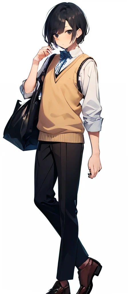 {best quality}, {{masterpiece}}, {highres}, illustration, solo, sharp focus, {{total body}}, full body, {{standing}}, {{toe}}, man, 1guy, 20 years old, black hair, black eyes, simple background, {{wearing brown sweater vest}}, brown shoes, {{holding a bag}}, slanted eyes, short hair, {asymmetry bangs}, {swept bangs}, looking at viewer, simple background, anime style