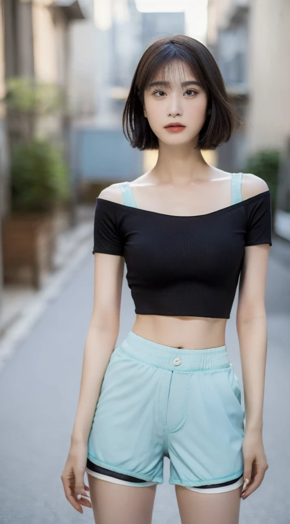 ((Best Quality, 8K, Masterpiece: 1.3)), (Flower Cap: 1.3), Focus: 1.2, Perfect Body Beauty: 1.4, Buttocks: 1.2, (Layered Haircut: 1.2)), (Dark Street: 1.3), Highly Detailed Face and Skin Texture, Full Body, Delicate Eyes, Double Eyelids, Whitened Skin, Long Hair, (Round Face: 1.5), (Loose Crop Top, Shorts: 1.6)