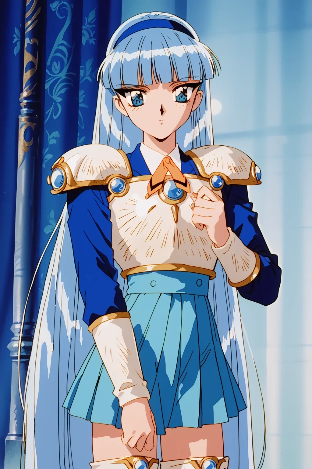 score_9,score_8_up,score_7_up,score_6_up,score_5_up,score_4_up,source_anime,(solo:1.5), masterpiece,highest quality,Super detailed,8k,High resolution,an extremely delicate and beautiful,Official Art,Perfect Anatomy,1990s \(style\),90s anime,90s anime style,retro artstyle,Cel-shaded anime,anime screencap,anime coloring,perfect face,beautiful,sexy,athletic body,shiny skin,(scale to fit the dimensions:1.2), AEUmiKnight, blue eyes, blue hair, blunt bangs, long hair, blue hairband, white breastplate, single shoulder pad, shoulder armor, blue skirt, thigh armor, white footwear, white thigh boots, zettai ryouiki,